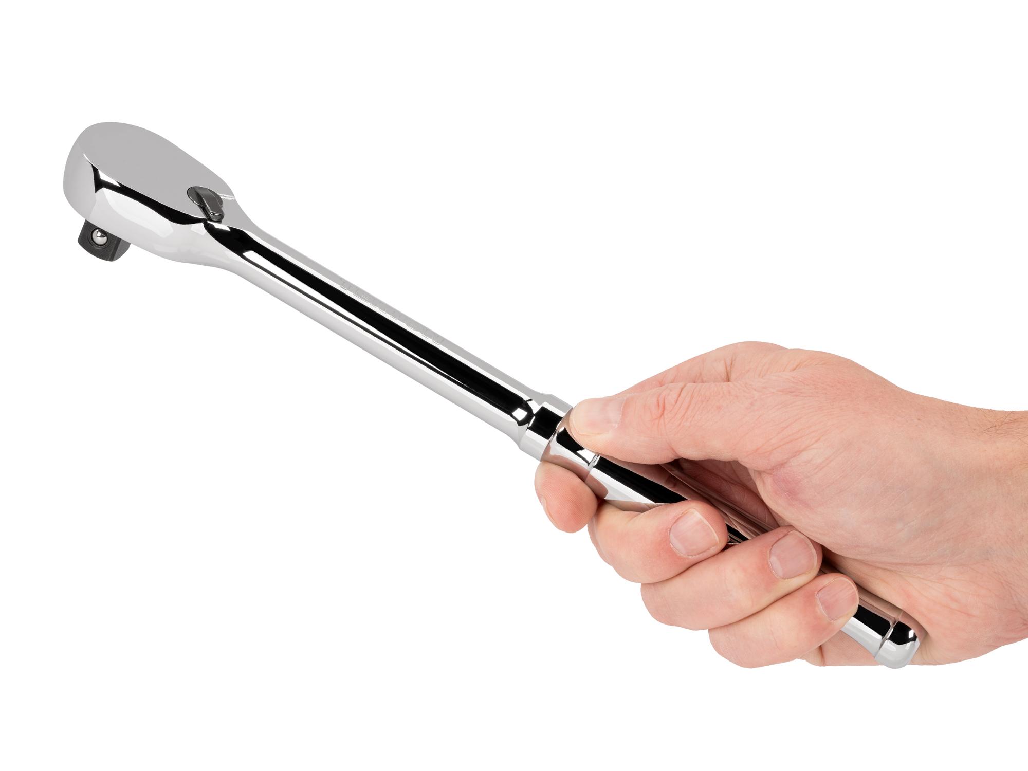 Person holding Tekton 10 1/2 inch ratchet. Item #SRH01210