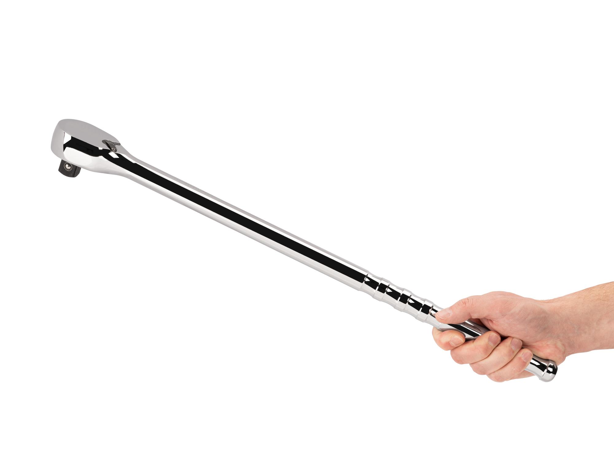 Person holding Tekton 22 inch ratchet. Item #SRH01322
