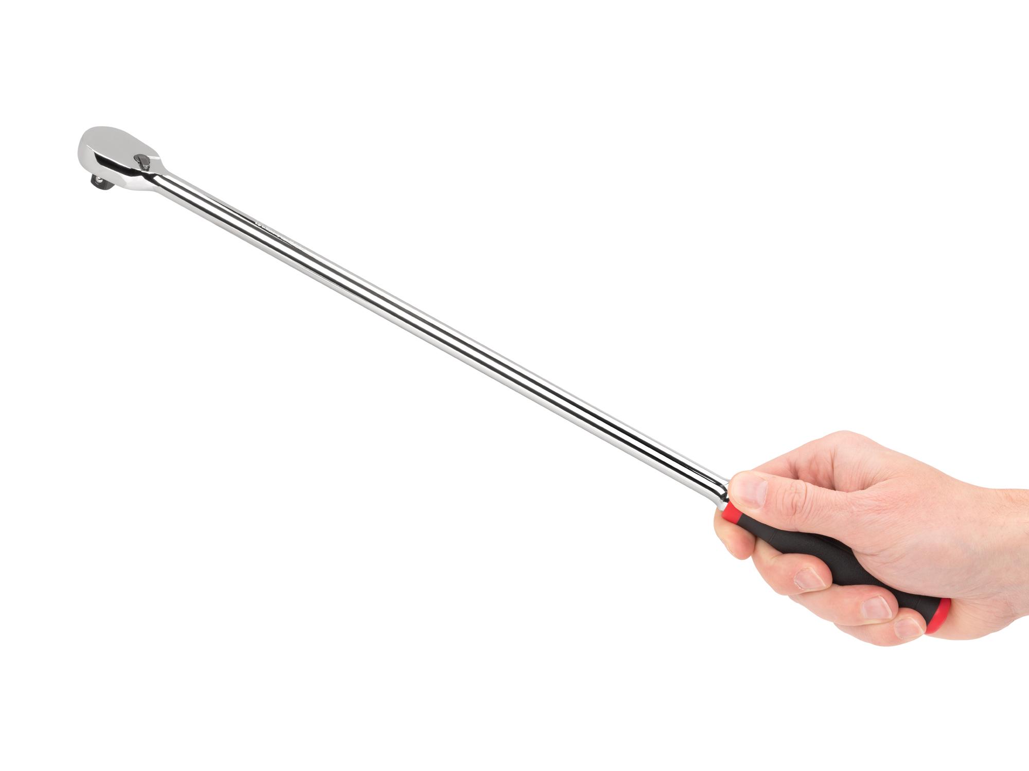 Person holding Tekton 18 inch ratchet. Item #SRH02118