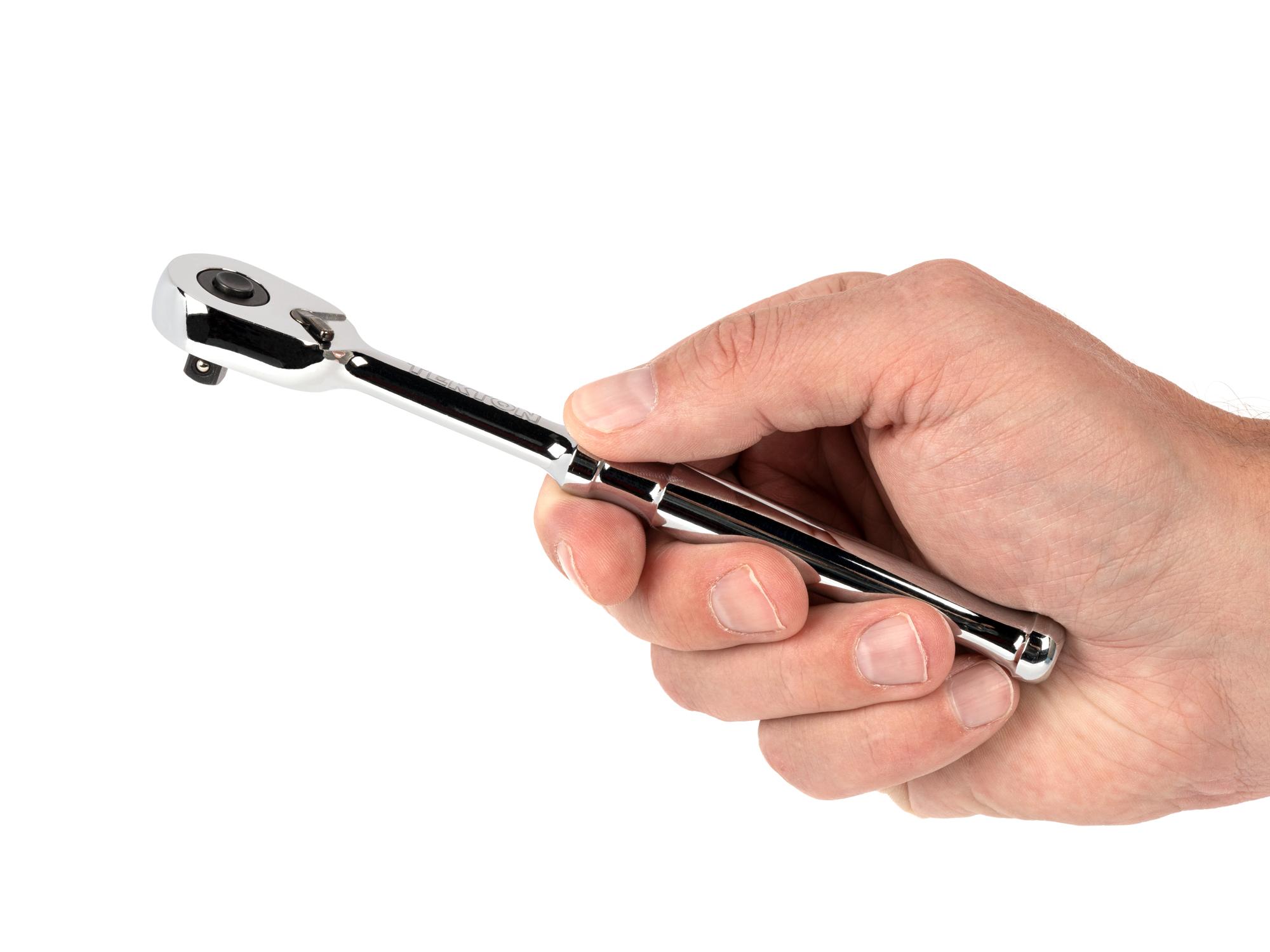 Person holding Tekton 6 inch ratchet. Item #SRH11006