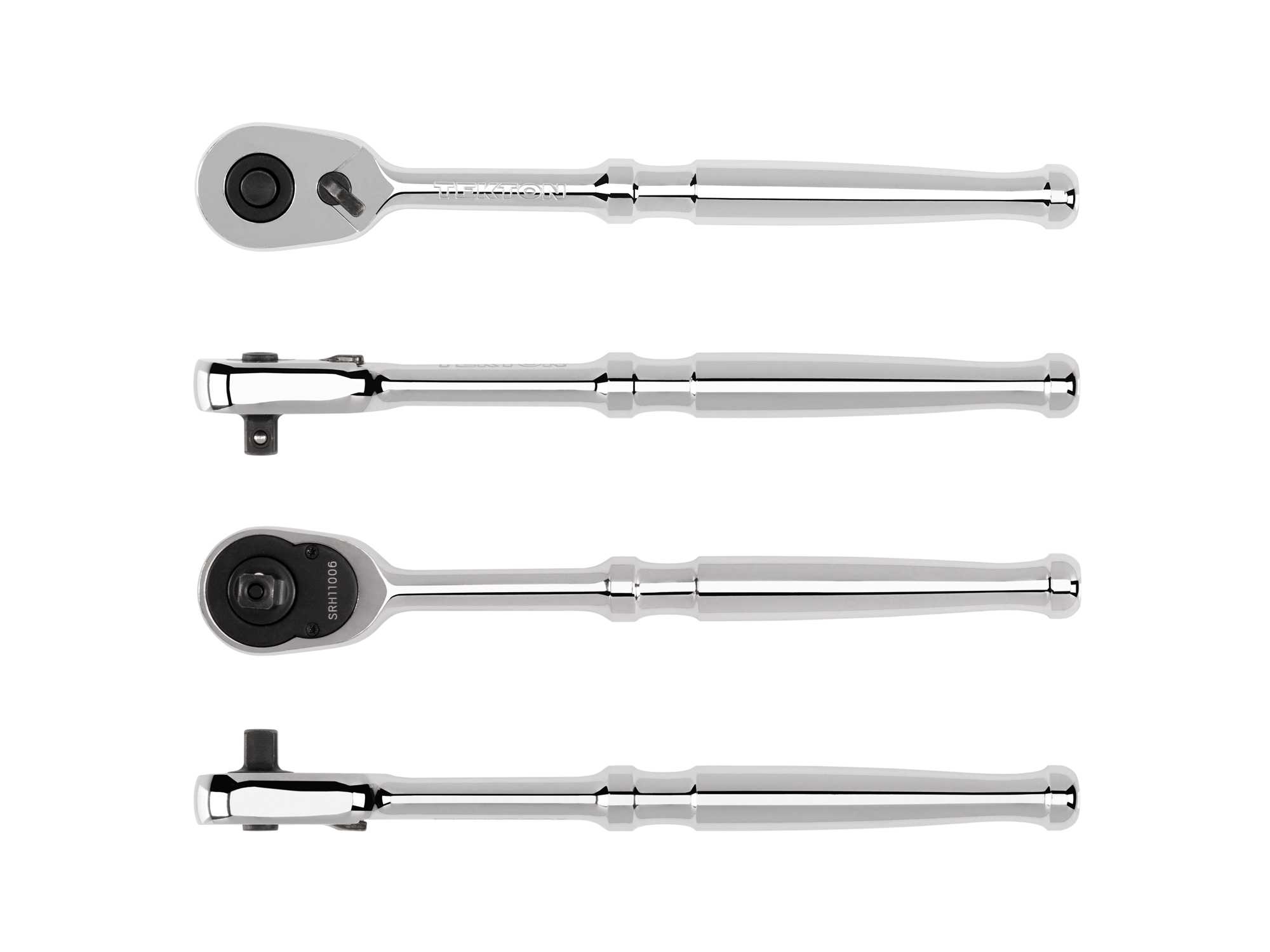 Quick-release ratchet with 90-tooth gear and 4-degree swing. Ultra-compact head and sleek, comfortable handle. SRH11006.