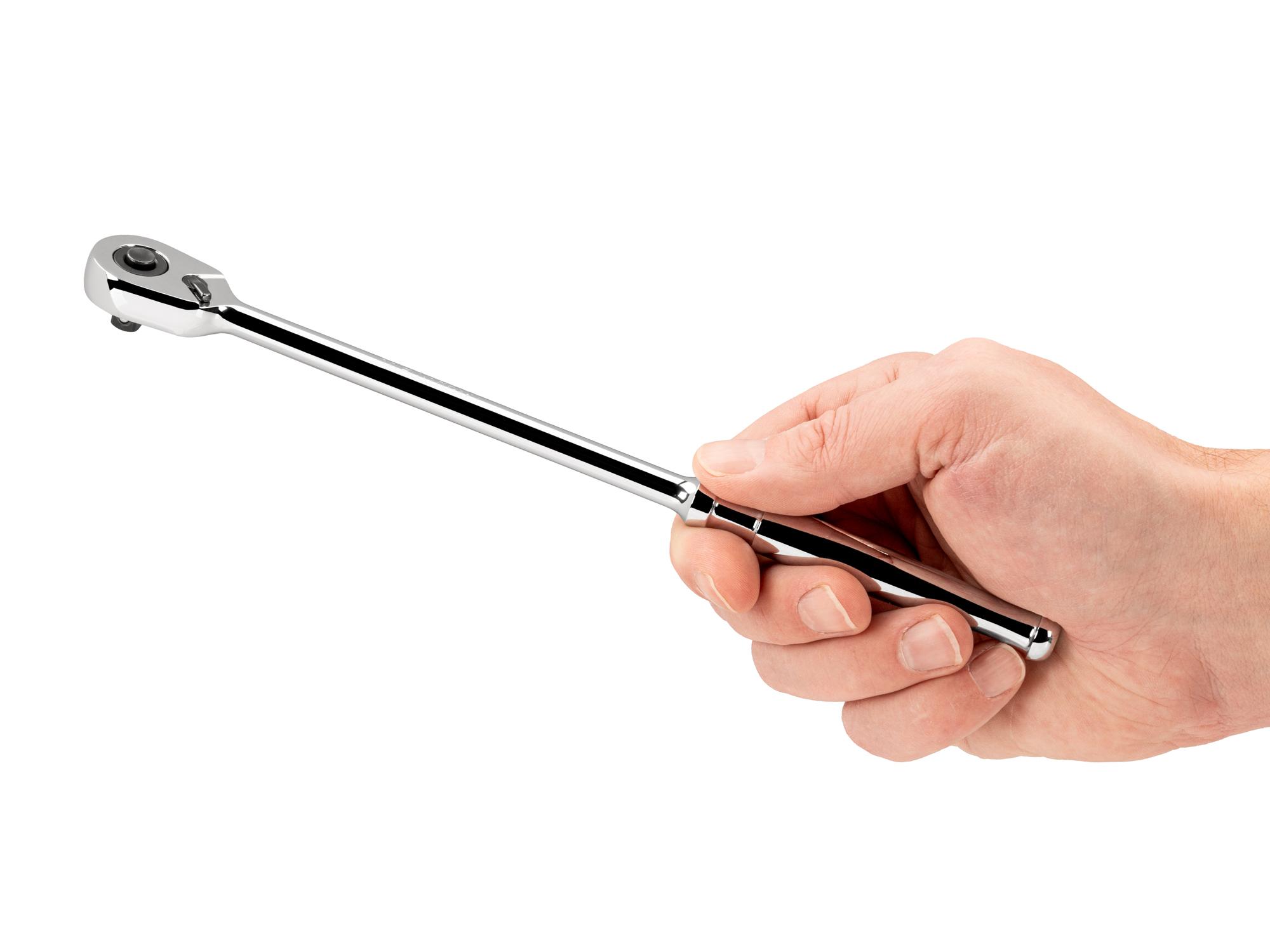 Person holding Tekton 9 inch ratchet. Item #SRH11009