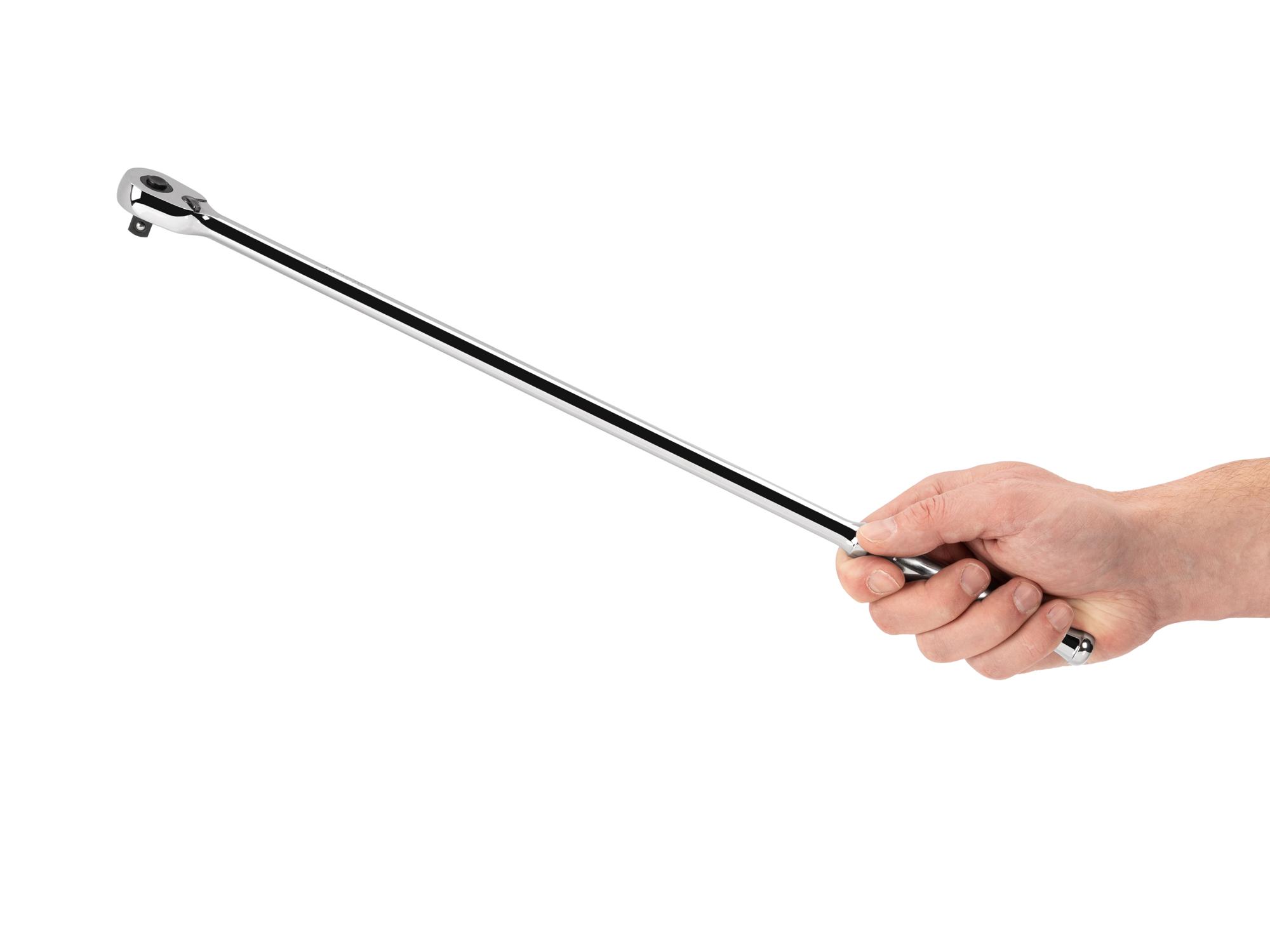 Person holding Tekton 18 inch ratchet. Item #SRH11118