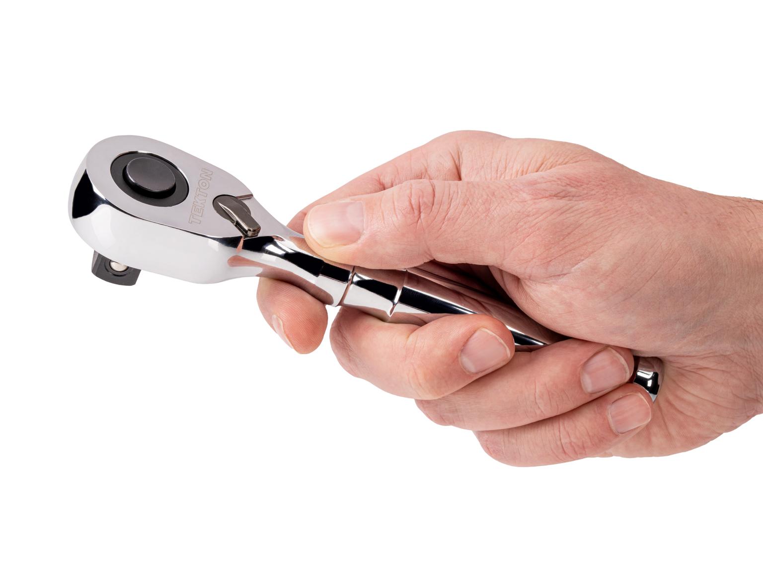 Person holding Tekton 6 inch ratchet. Item #SRH11206
