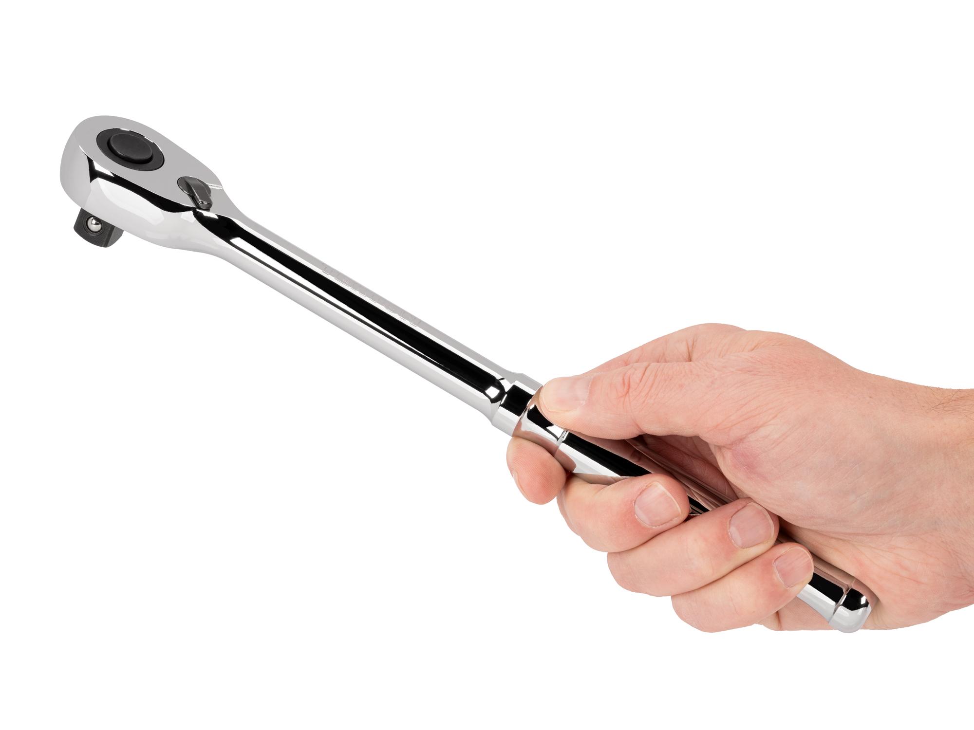 Person holding Tekton 10 1/2 inch ratchet. Item #SRH11210
