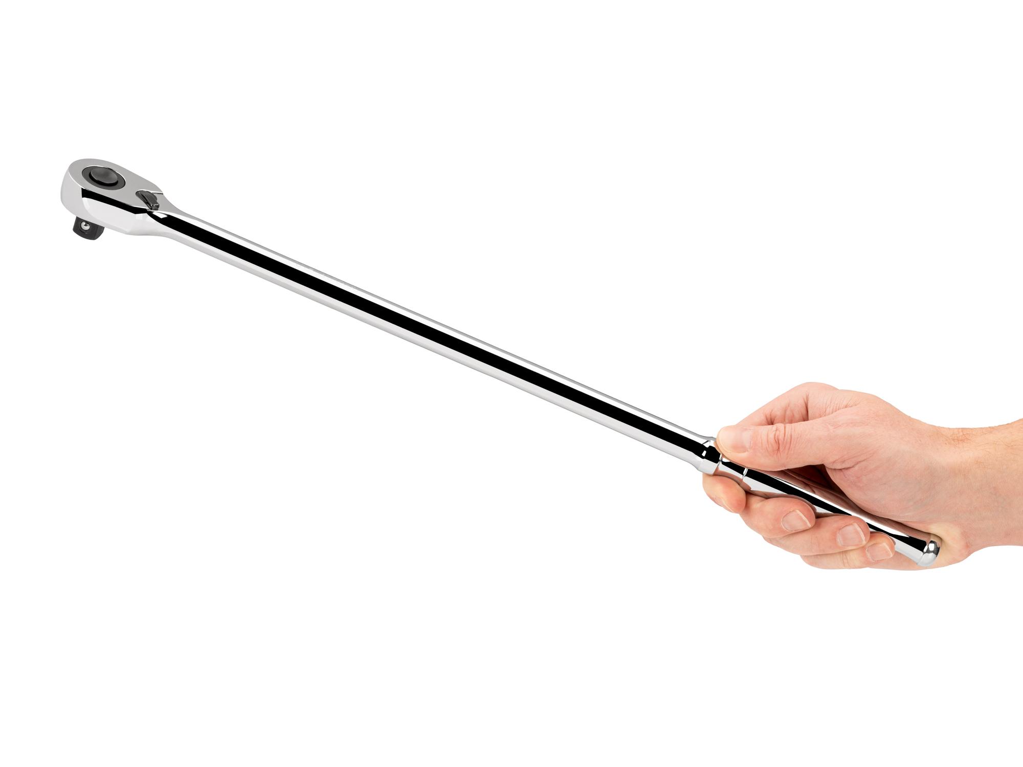 Person holding Tekton 18 inch ratchet. Item #SRH11218