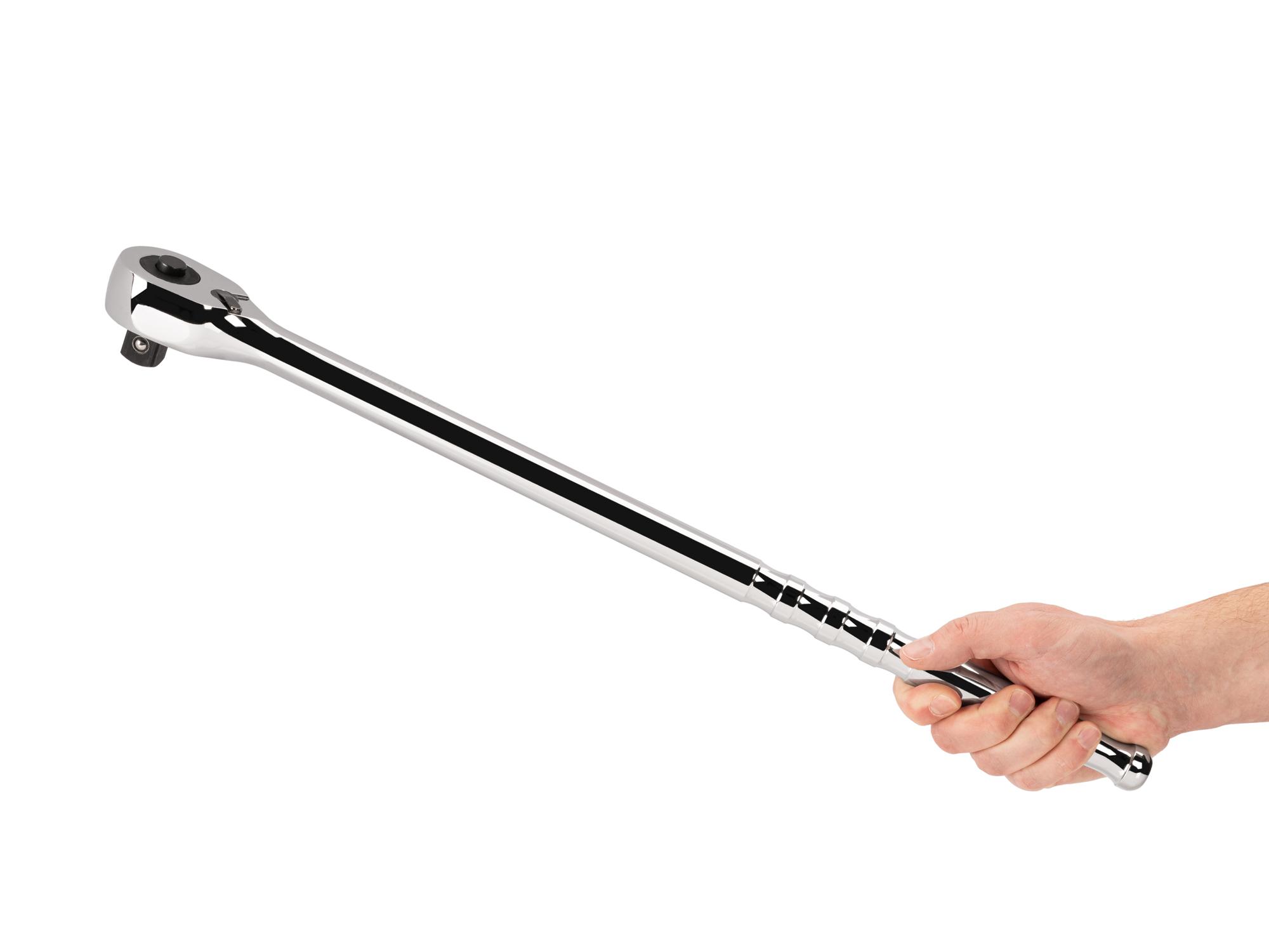 Person holding Tekton 22 inch ratchet. Item #SRH11322