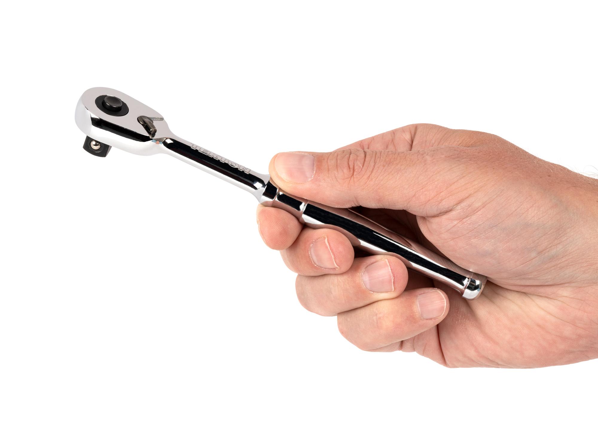 Person holding Tekton 6 inch ratchet. Item #SRH11506