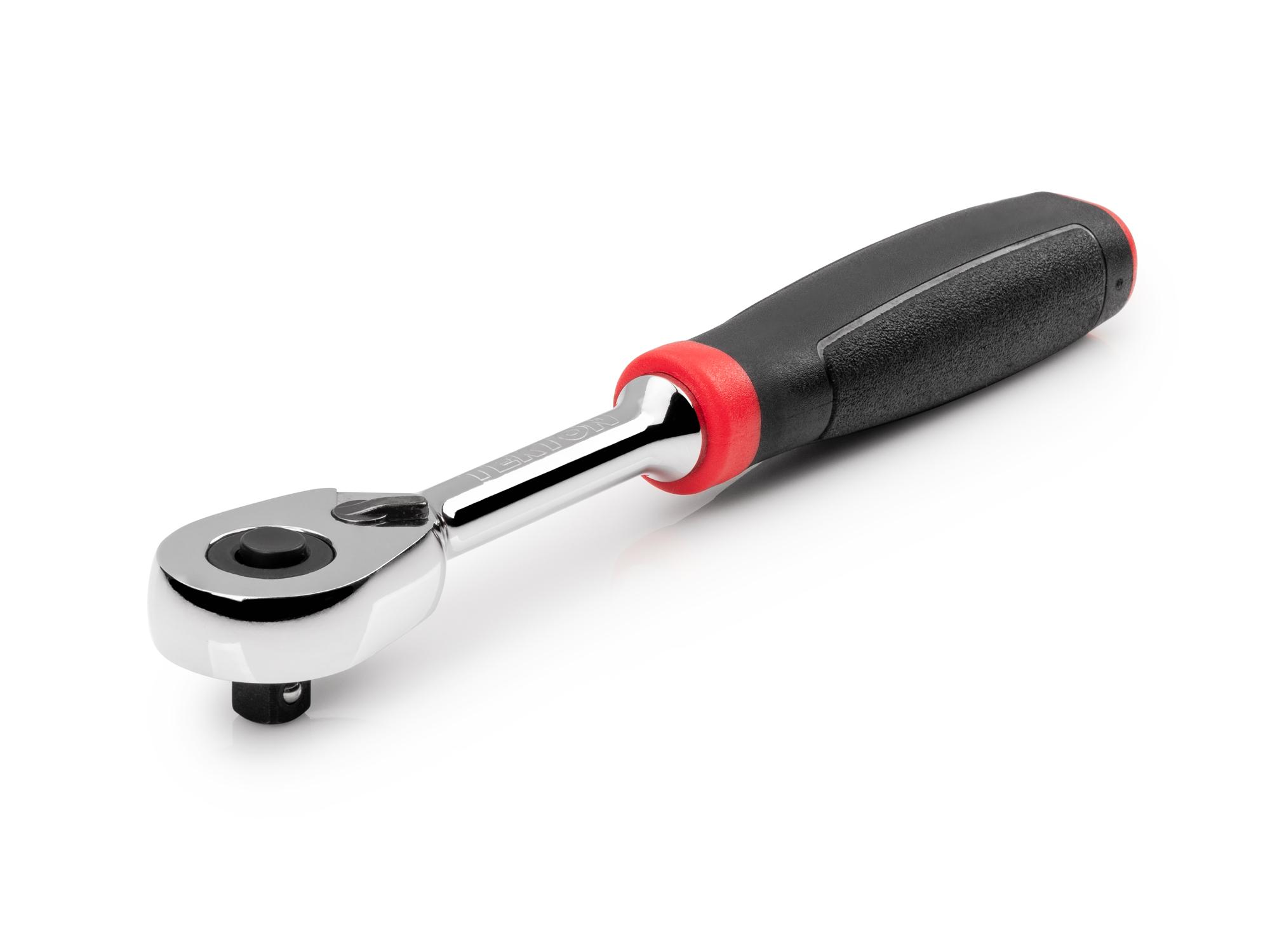 Front-right angle view of Tekton 6 inch ratchet. Item #SRH12006