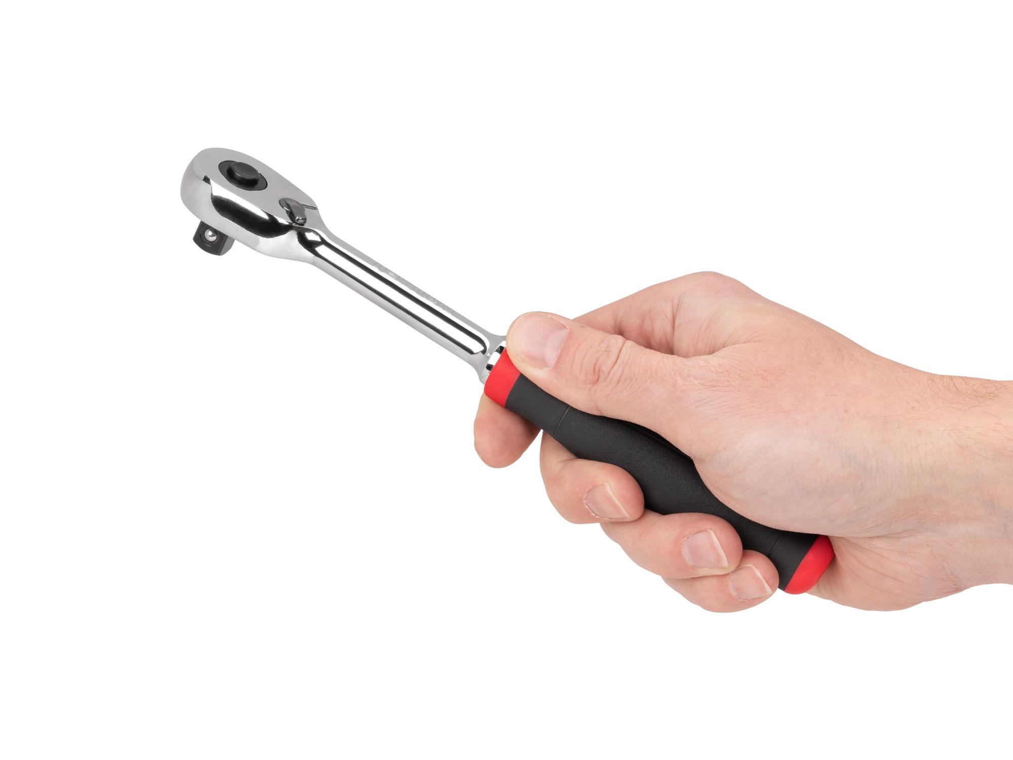 Person holding Tekton 8 inch ratchet. Item #SRH12108