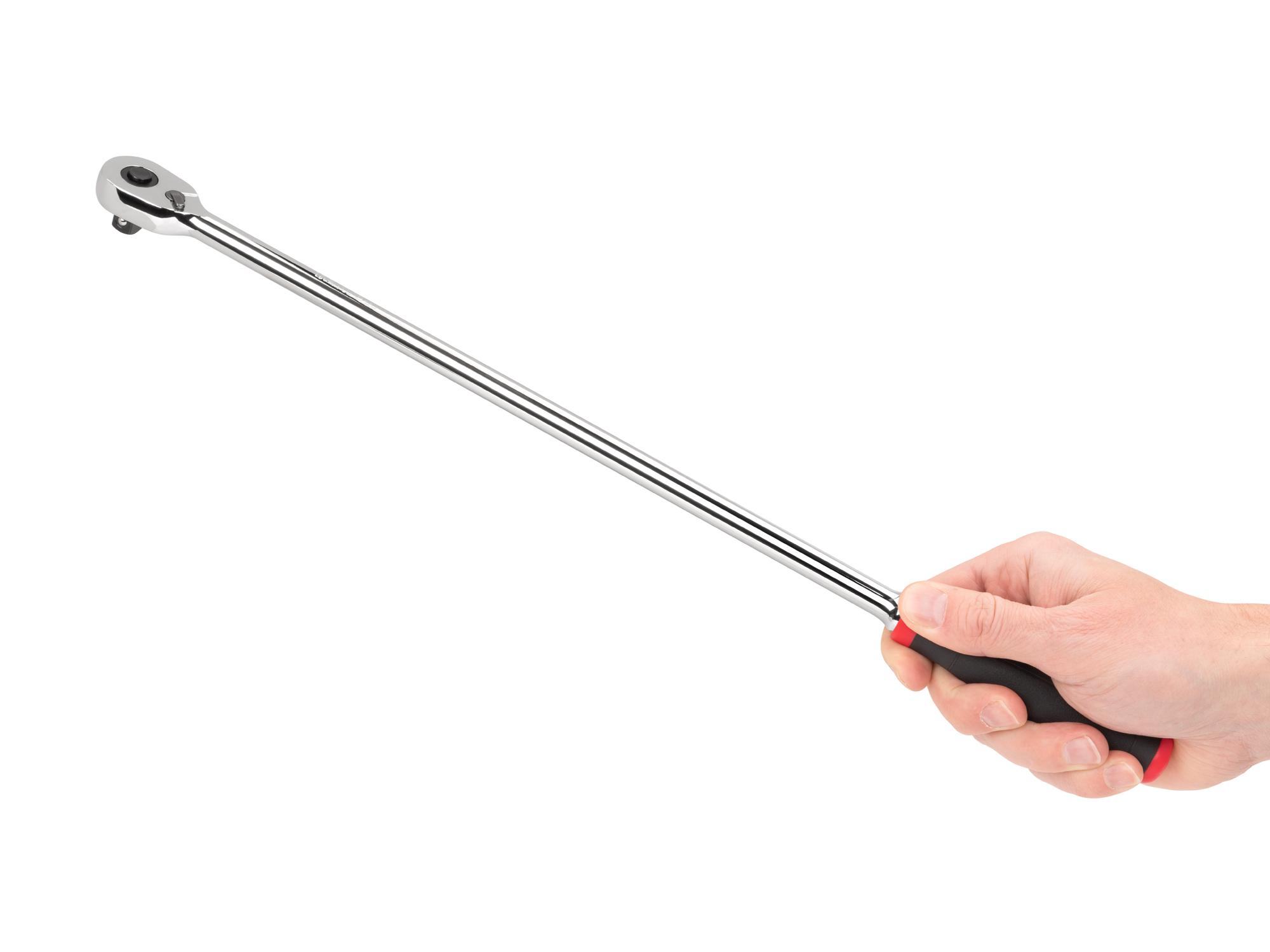 Person holding Tekton 18 inch ratchet. Item #SRH12118
