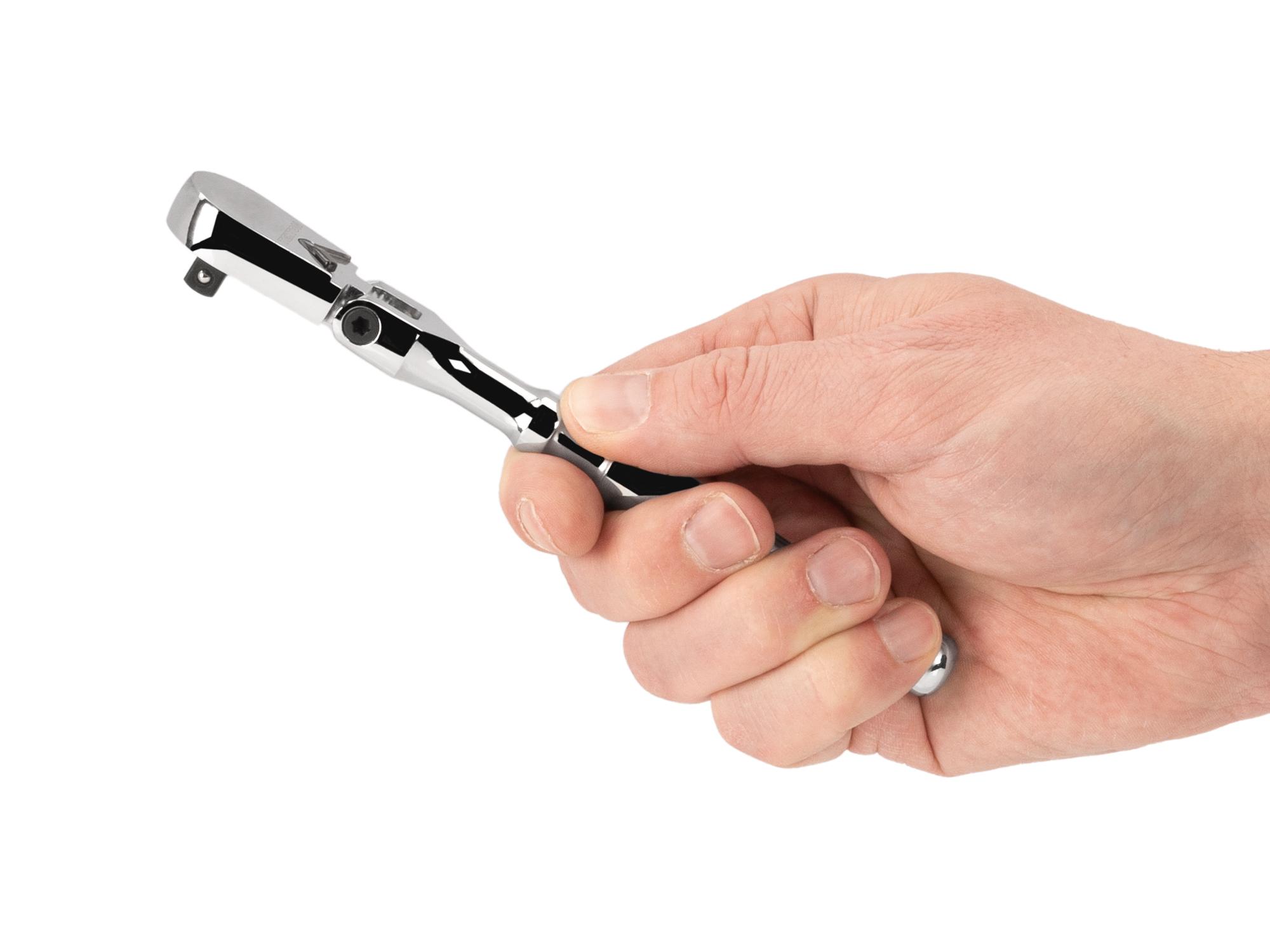 Person holding Tekton 6 inch ratchet. Item #SRH21006