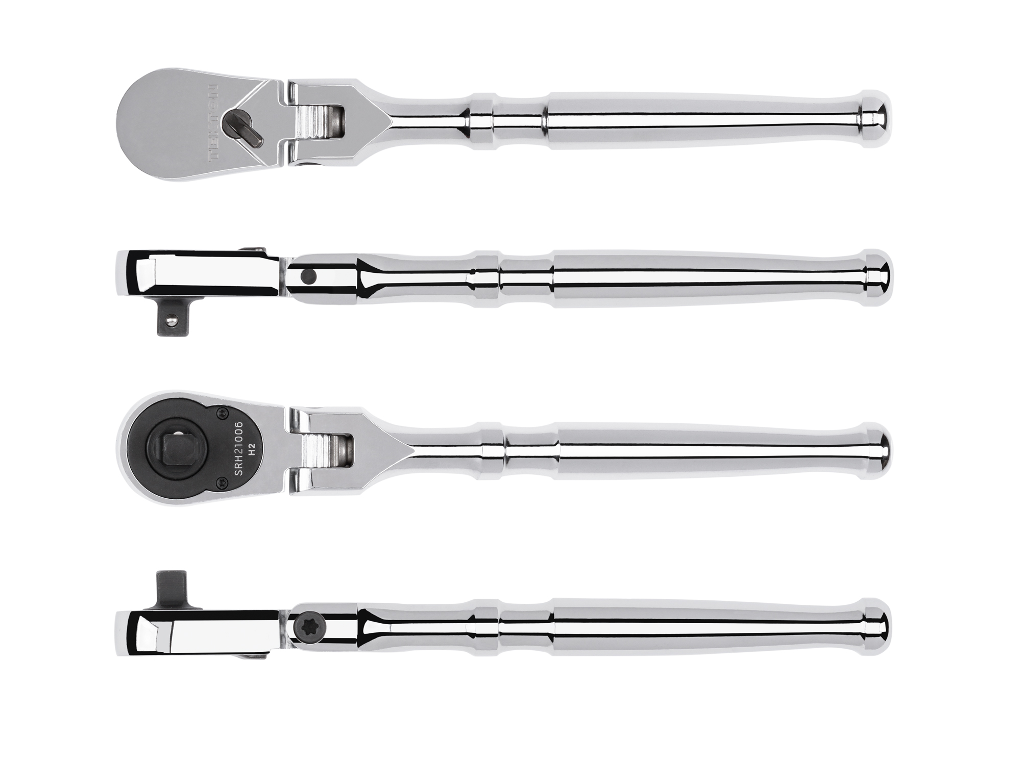 Classic non-quick-release flex head ratchet with 180-degree flex, 90-tooth gear, and 4-degree swing. Ultra-compact head and sleek, comfortable handle. SRH21006.