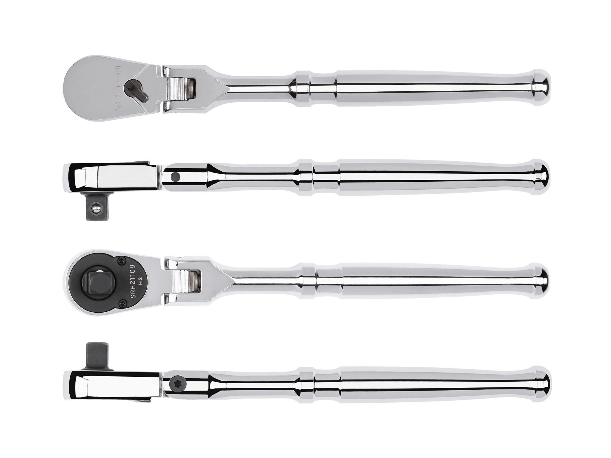 Classic non-quick-release flex head ratchet with 180-degree flex, 90-tooth gear, and 4-degree swing. Ultra-compact head and sleek, comfortable handle. SRH21108.