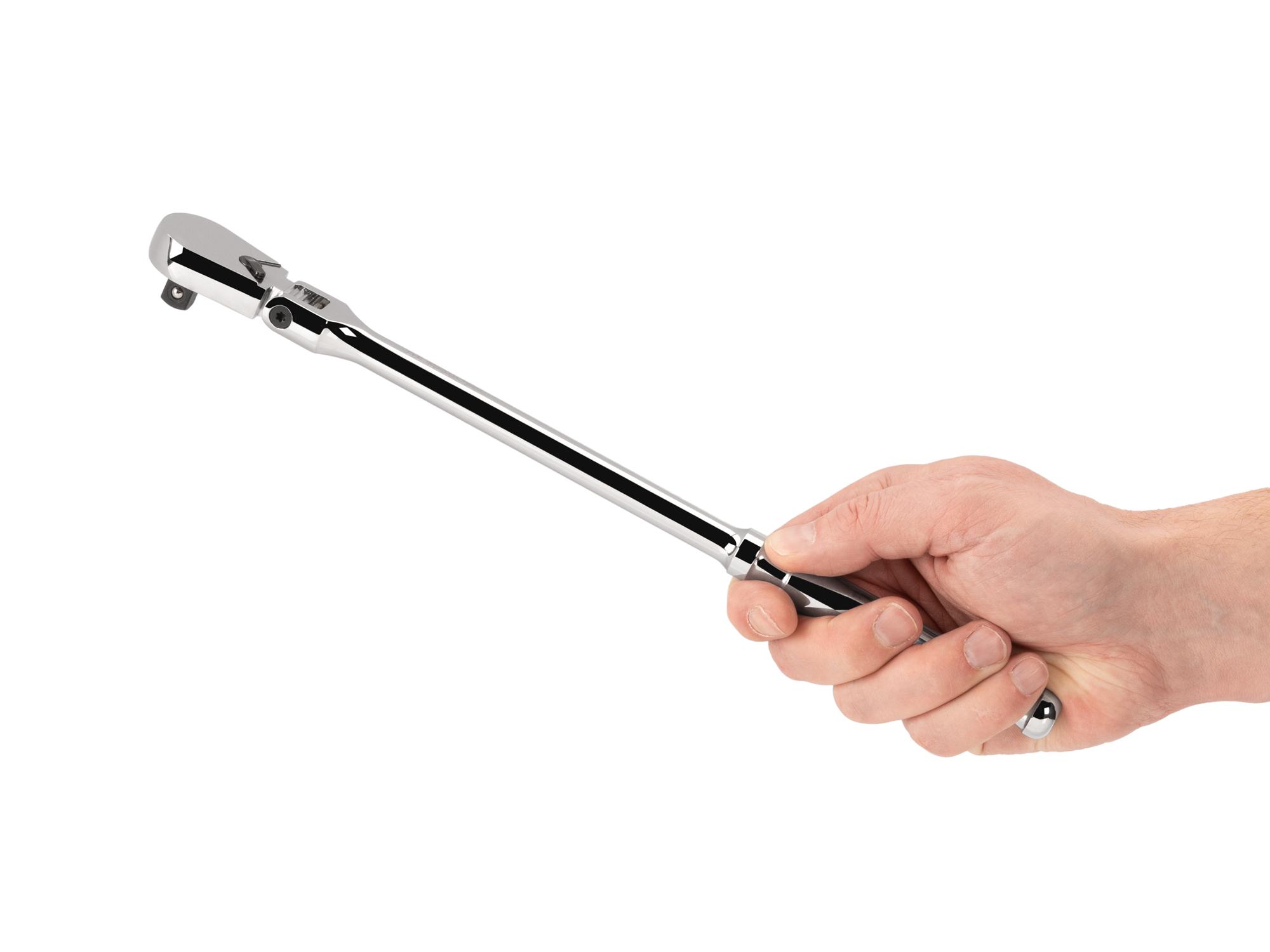 Person holding Tekton 12 inch ratchet. Item #SRH21112