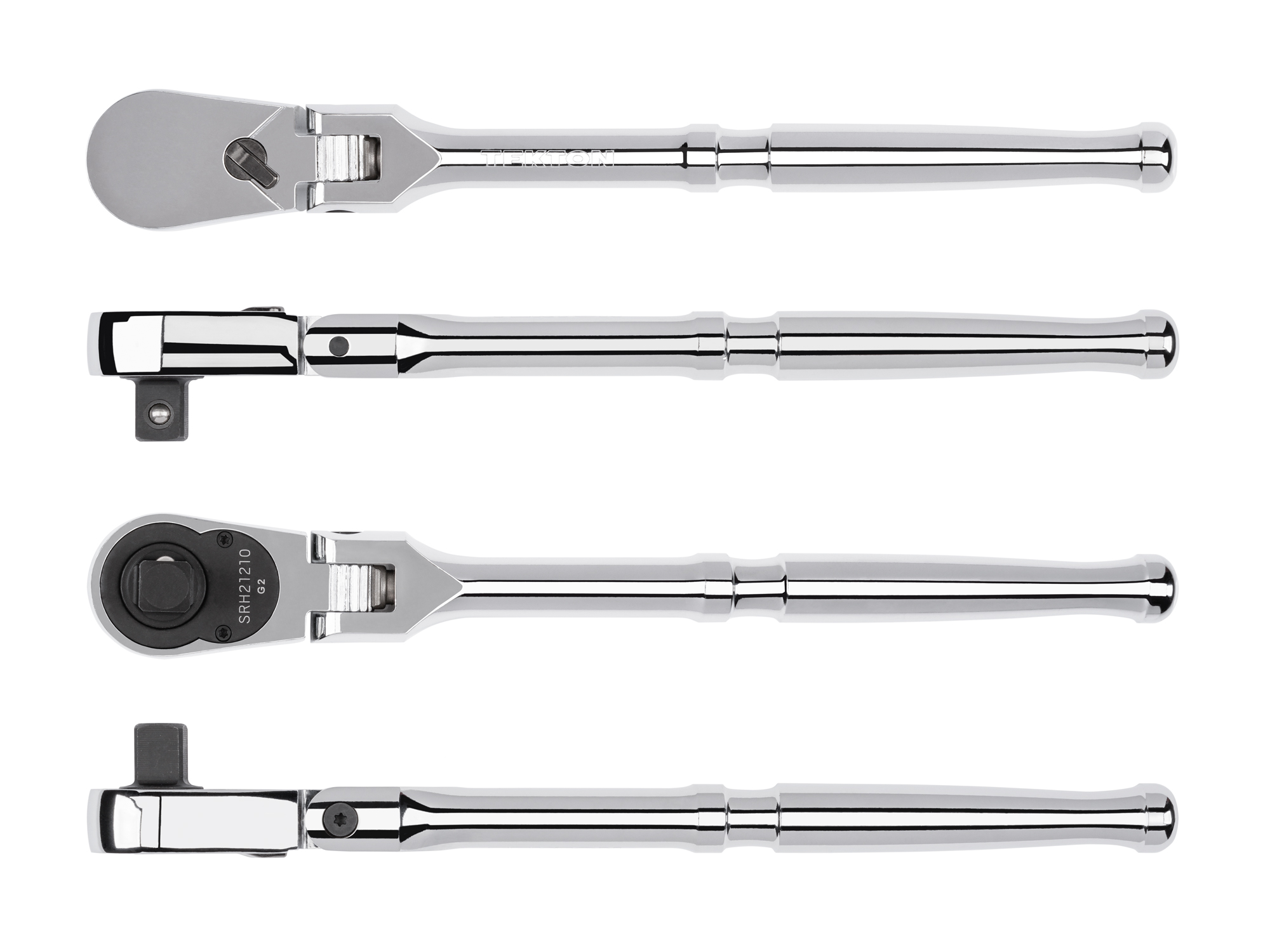 Classic non-quick-release flex head ratchet with 180-degree flex, 90-tooth gear, and 4-degree swing. Ultra-compact head and sleek, comfortable handle. SRH21210.