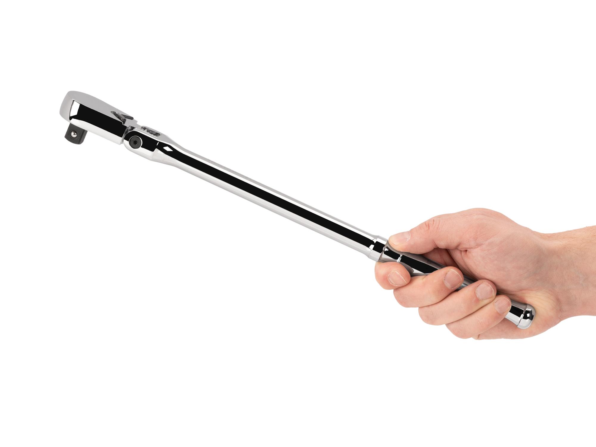 Person holding Tekton 14 inch ratchet. Item #SRH21214