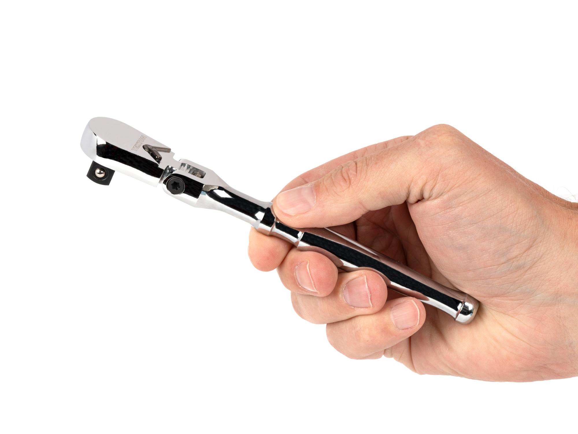 Person holding Tekton 6 inch ratchet. Item #SRH21506