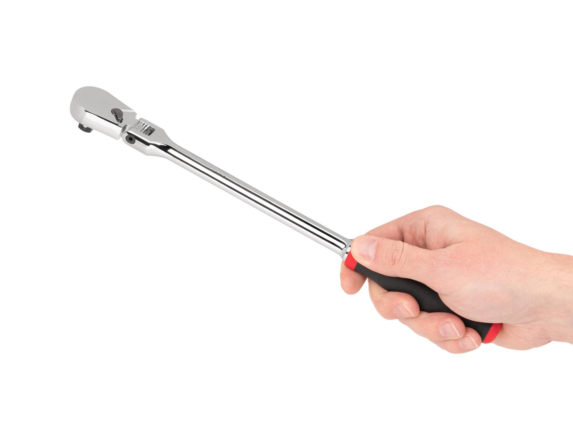 Person holding Tekton 12 inch ratchet. Item #SRH22112