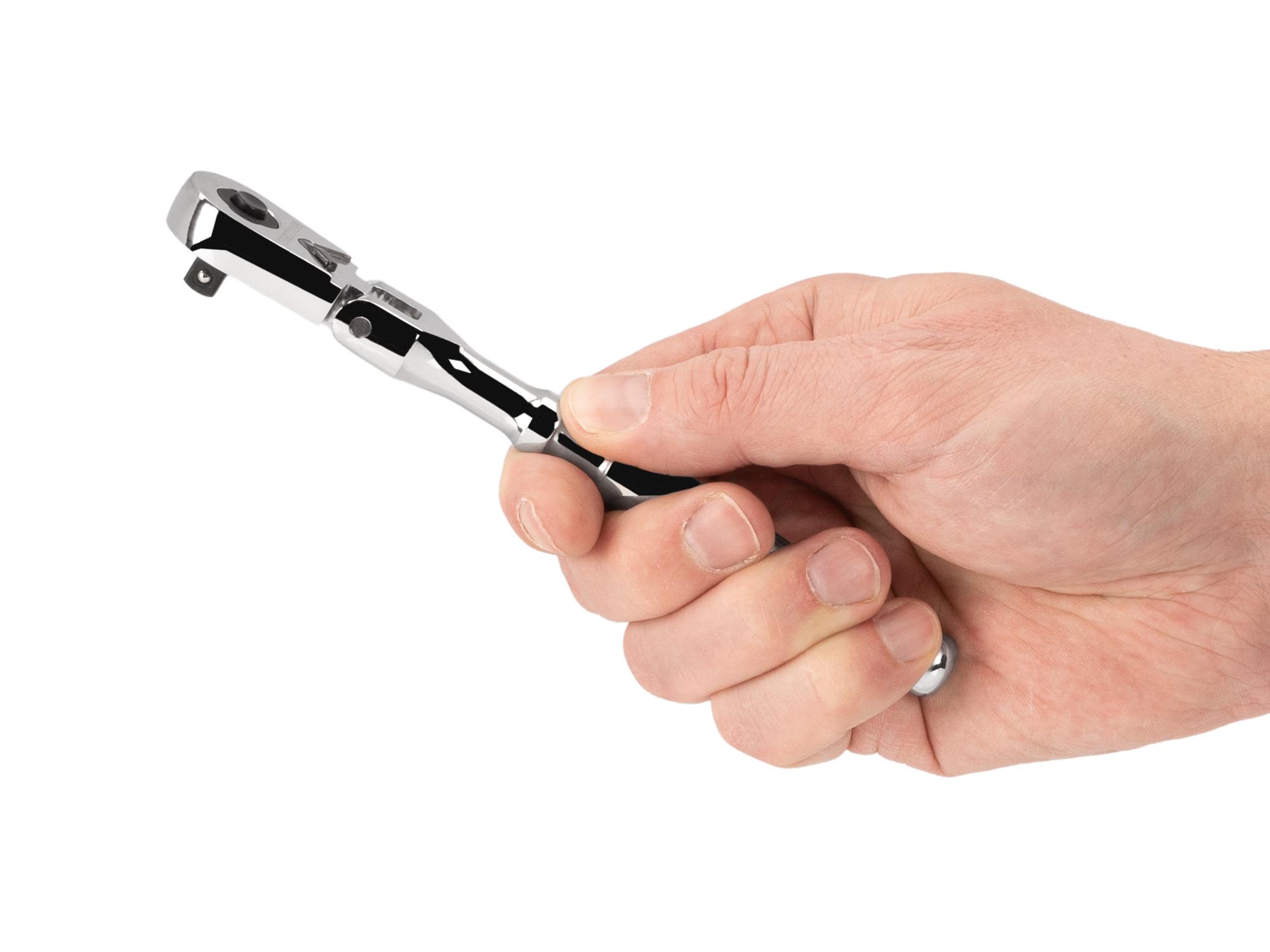 Person holding Tekton 6 inch ratchet. Item #SRH31006