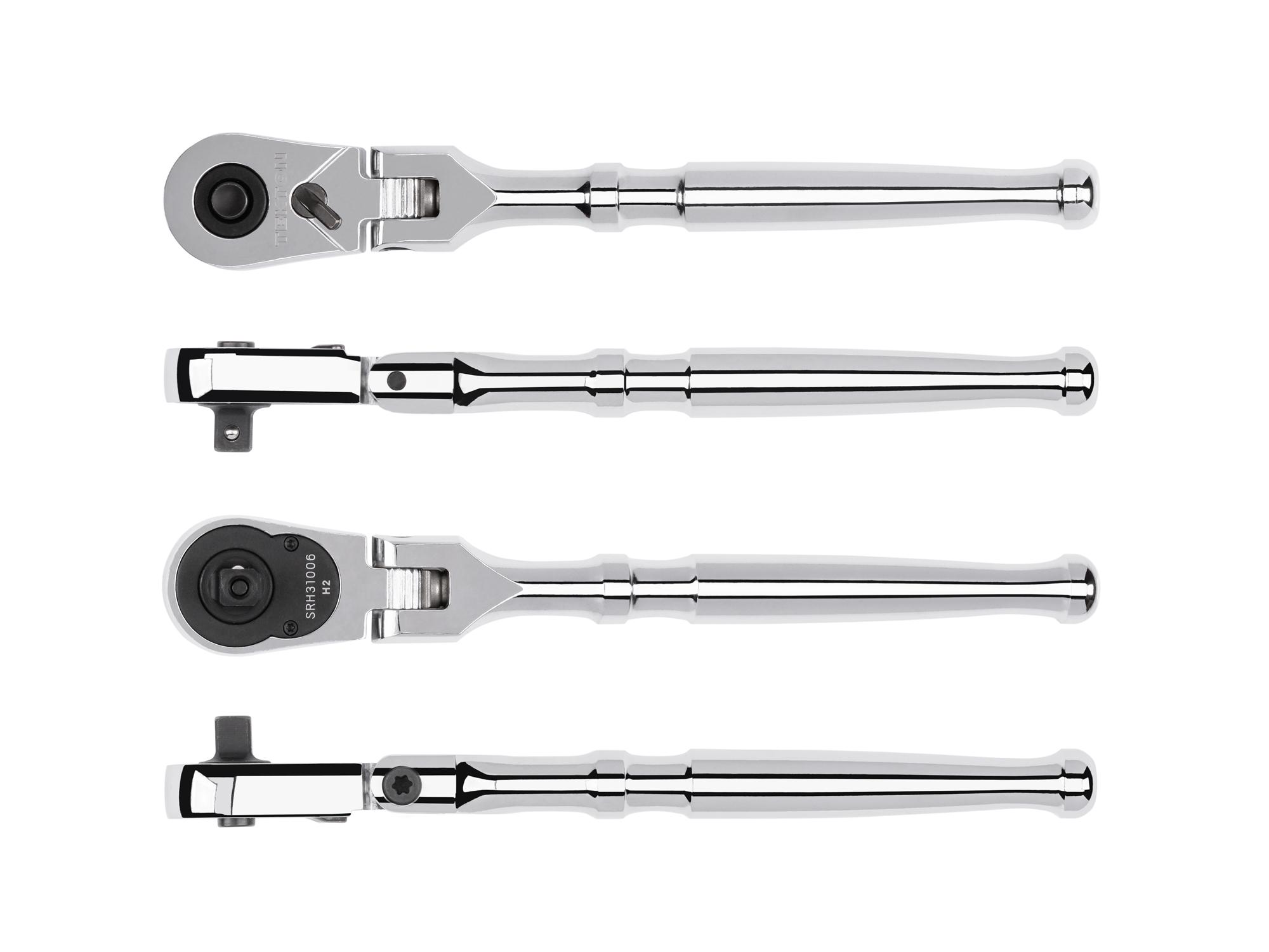 Quick-release flex head ratchet with 180-degree flex, 90-tooth gear, and 4-degree swing. Ultra-compact head and sleek, comfortable handle. SRH31006.