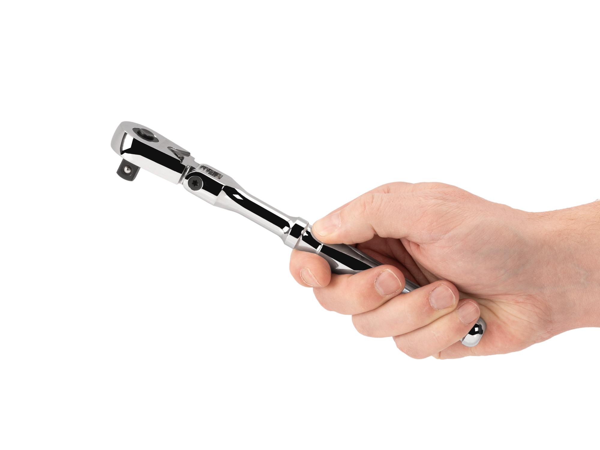 Person holding Tekton 8 inch ratchet. Item #SRH31108