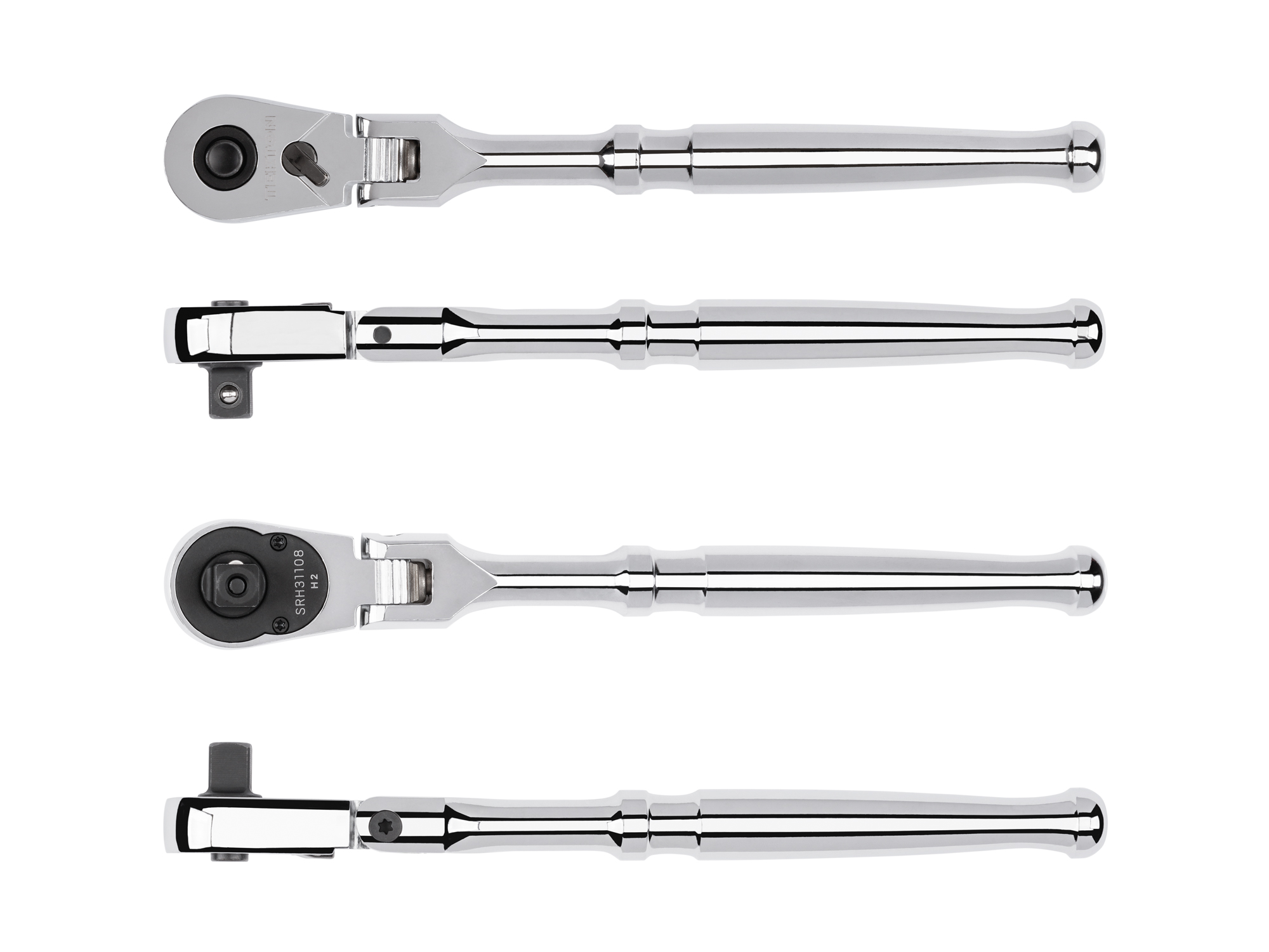 Quick-release flex head ratchet with 180-degree flex, 90-tooth gear, and 4-degree swing. Ultra-compact head and sleek, comfortable handle. SRH31108.