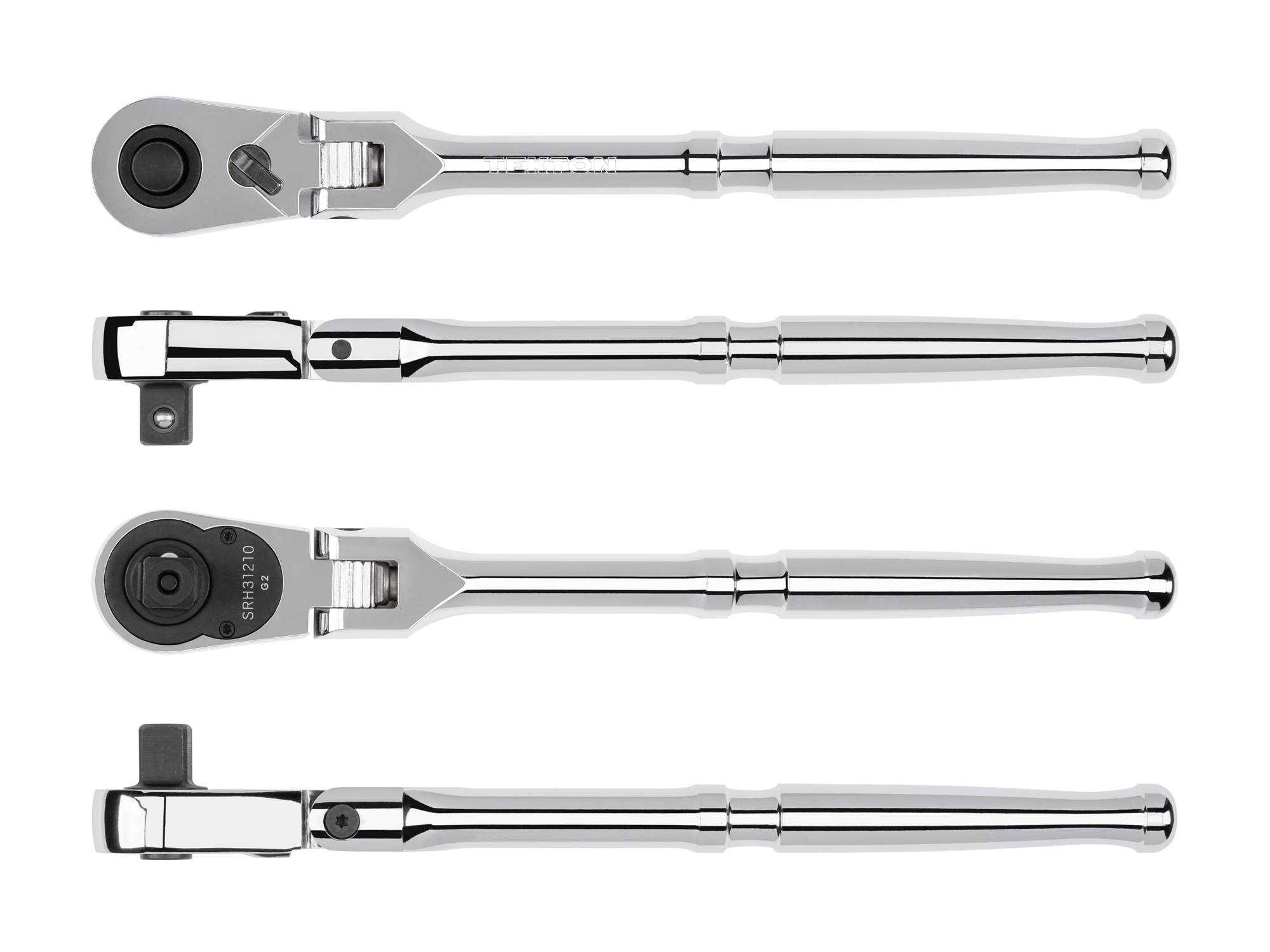 Quick-release flex head ratchet with 180-degree flex, 90-tooth gear, and 4-degree swing. Ultra-compact head and sleek, comfortable handle. SRH31210.