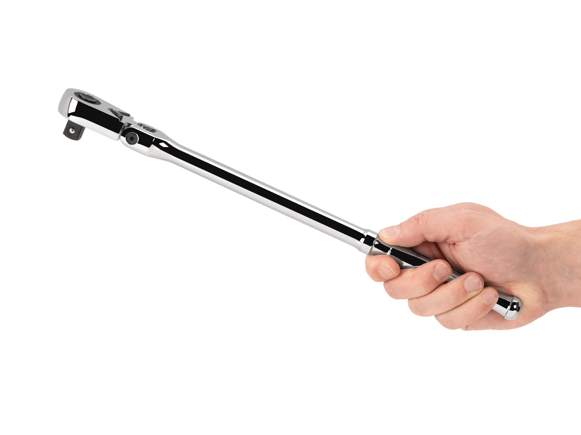 Person holding Tekton 14 inch ratchet. Item #SRH31214