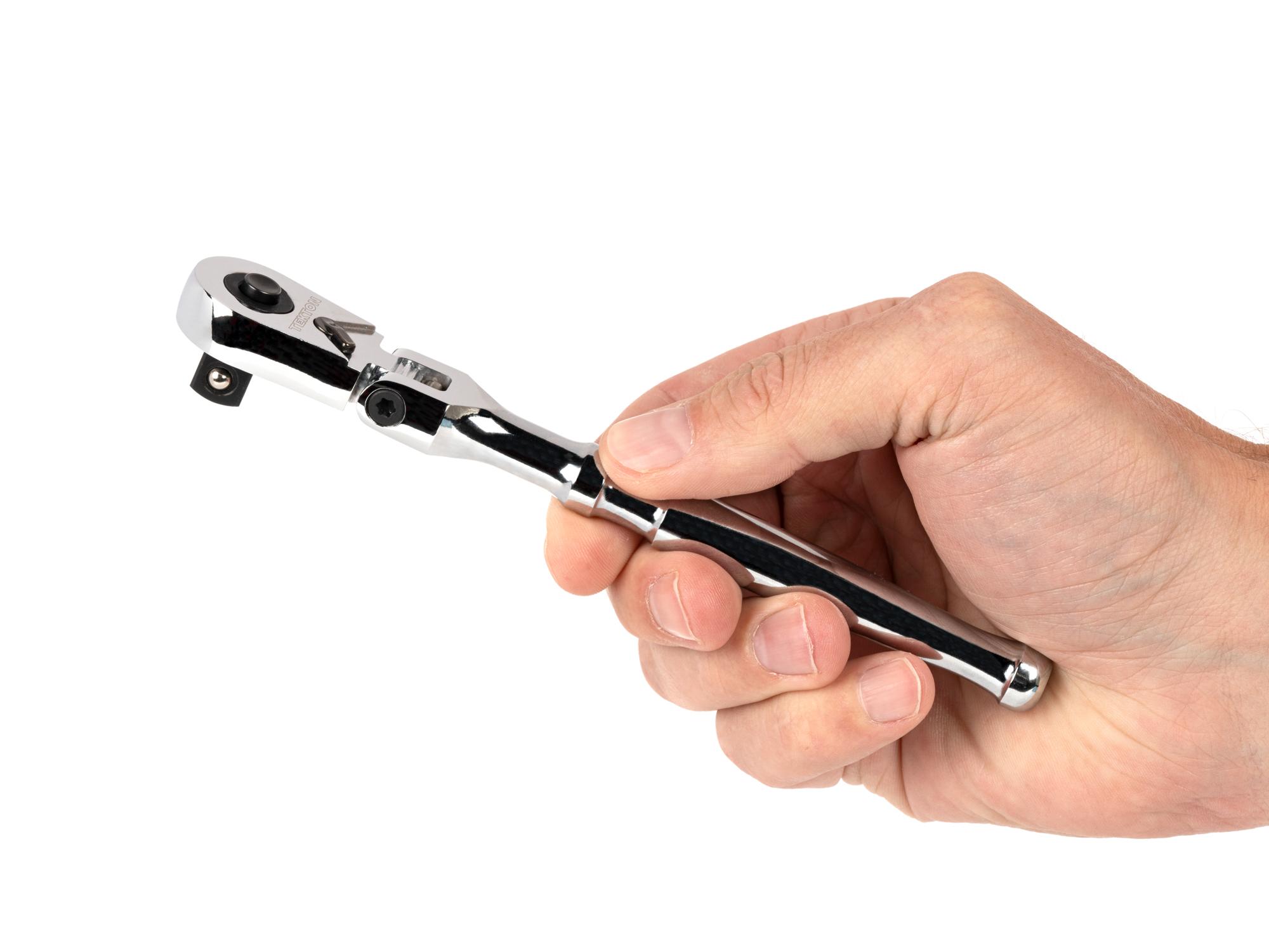 Person holding Tekton 6 inch ratchet. Item #SRH31506