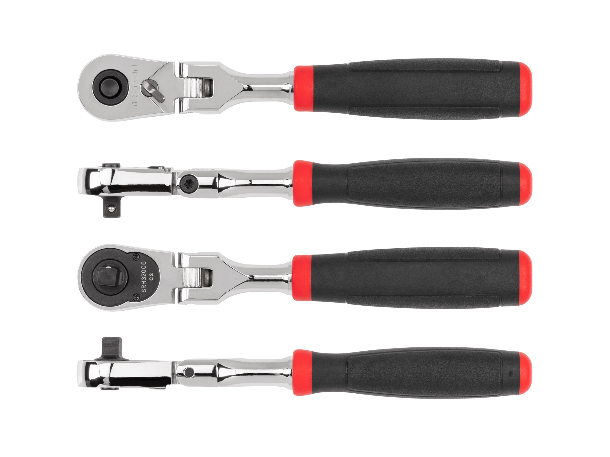 Quick-release flex head ratchet with 180-degree flex, 90-tooth gear, and 4-degree swing. Ultra-compact head and comfort grip handle. SRH32006.