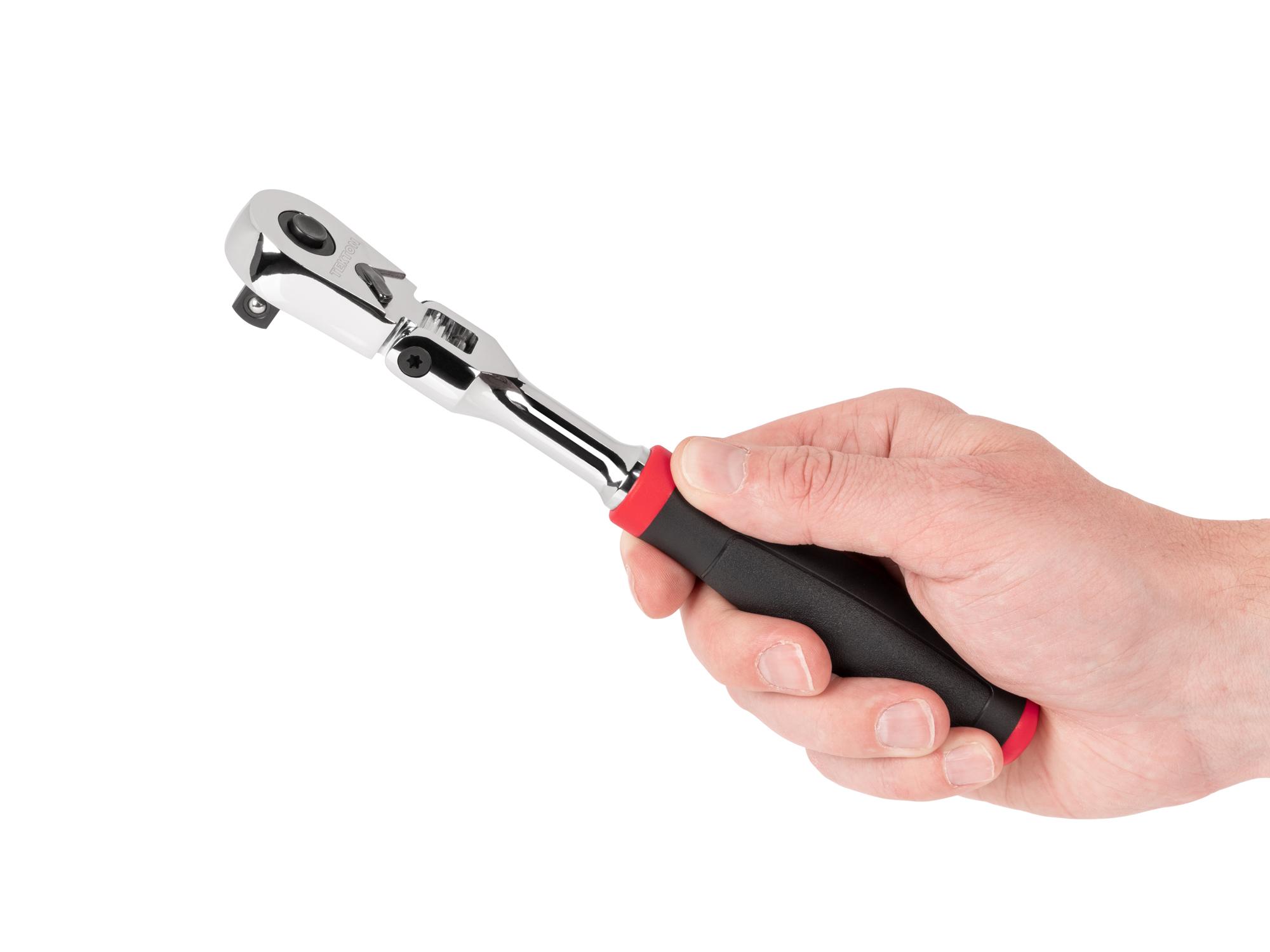 Person holding Tekton 8 inch ratchet. Item #SRH32108