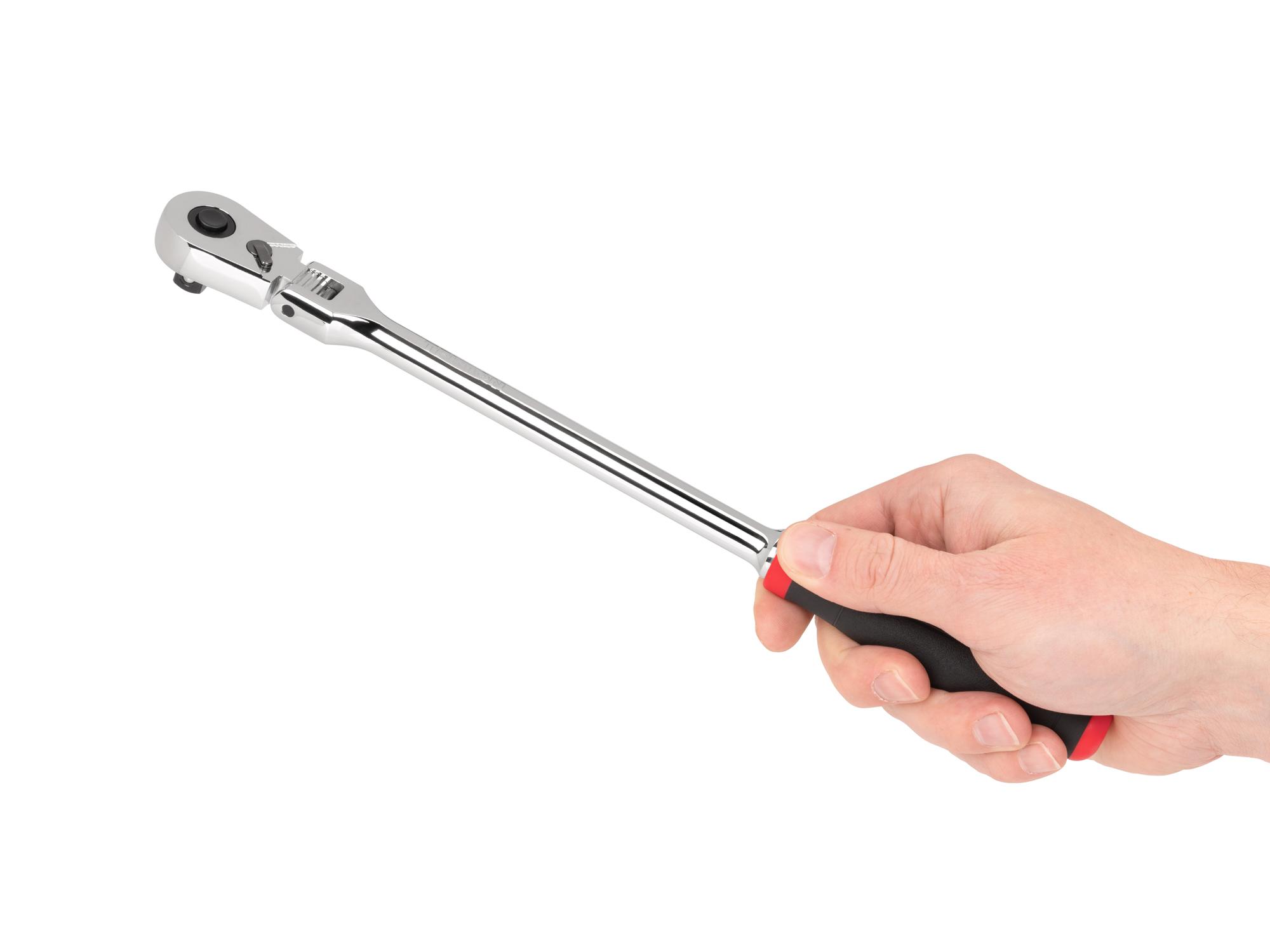 Person holding Tekton 12 inch ratchet. Item #SRH32112