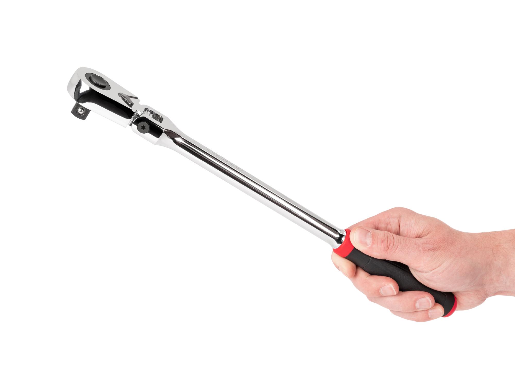 Person holding Tekton 14 inch ratchet. Item #SRH32214