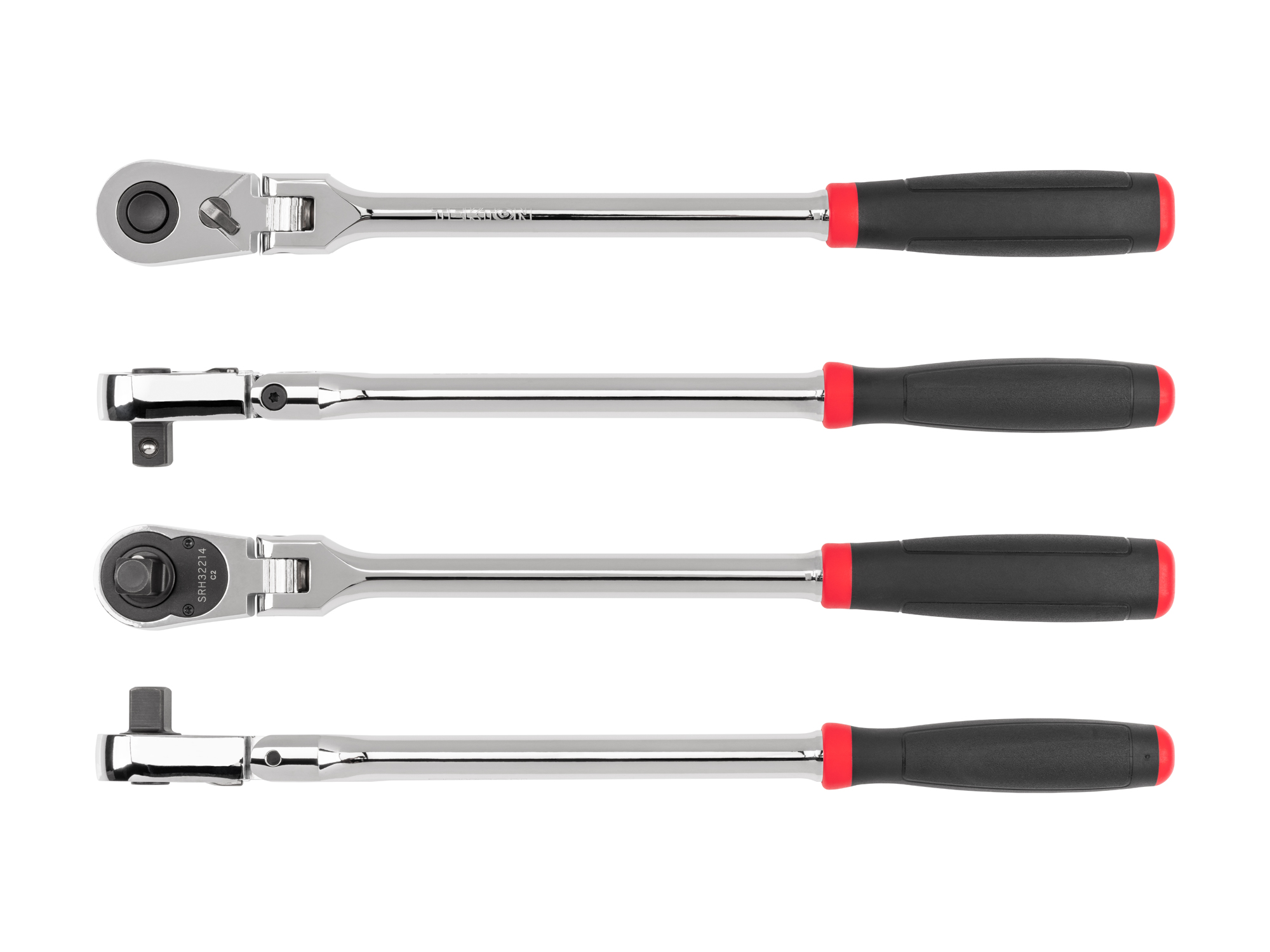 Quick-release flex head ratchet with 180-degree flex, 90-tooth gear, and 4-degree swing. Ultra-compact head and comfort grip handle. SRH32214.