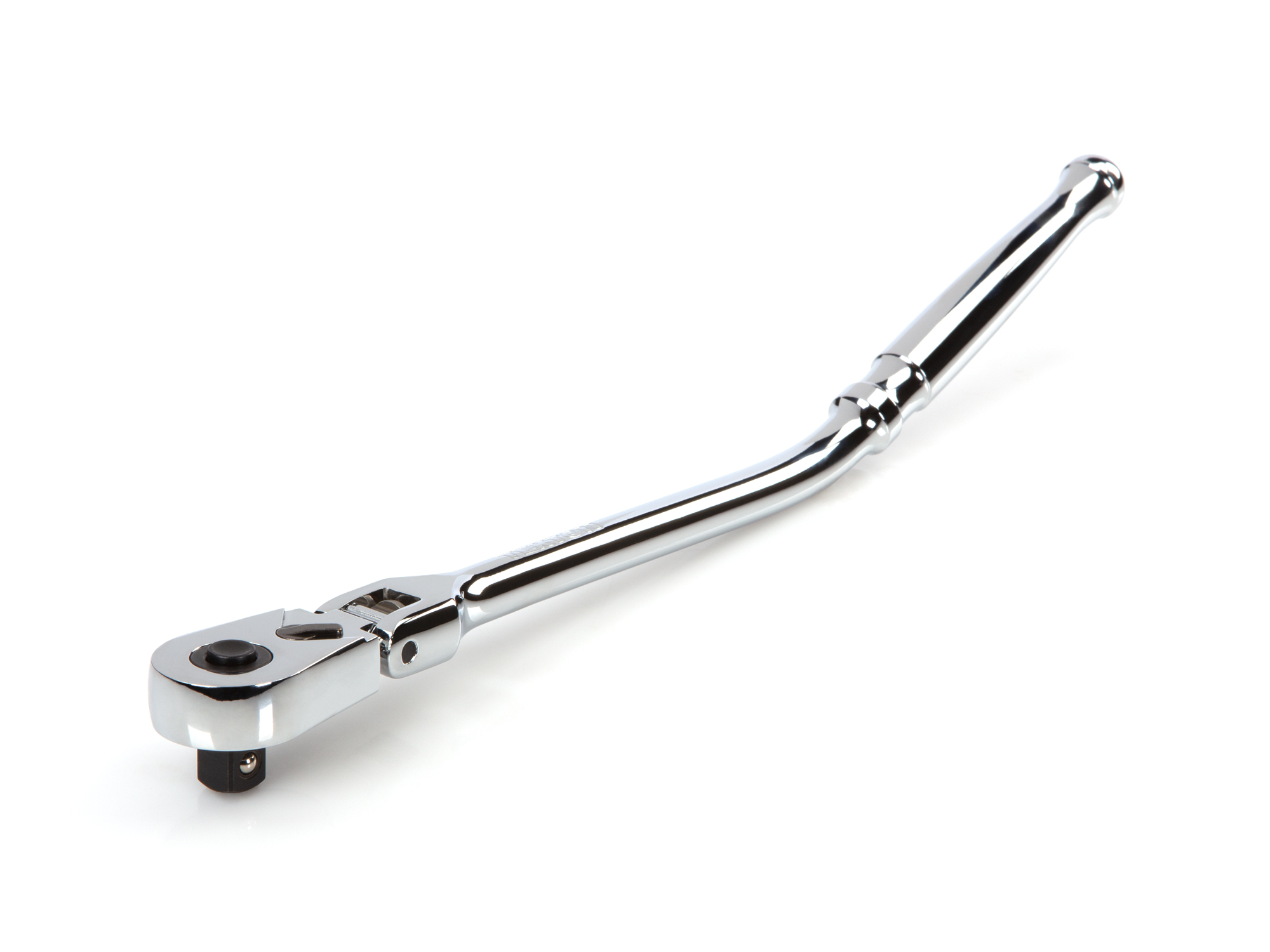 Quick-release flex head bent handle ratchet with 180-degree flex, 90-tooth gear, 4-degree swing, and ultra-compact head provide the ultimate all-access design. SRH33112.