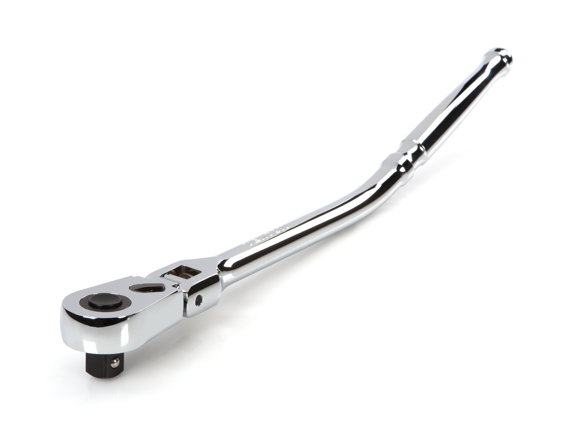 Quick-release flex head bent handle ratchet with 180-degree flex, 90-tooth gear, 4-degree swing, and ultra-compact head provide the ultimate all-access design. SRH33214.