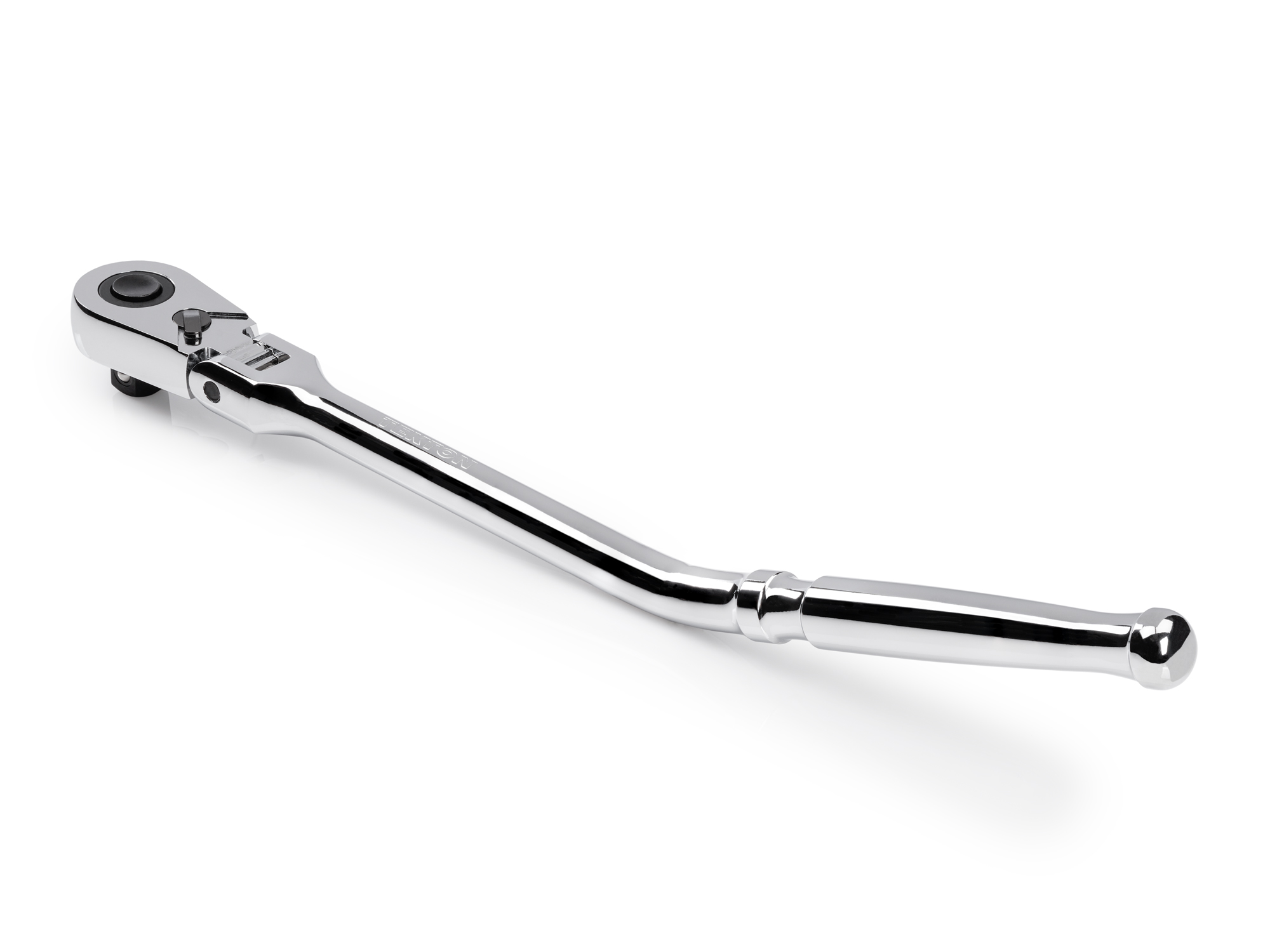 Quick-release flex head bent handle ratchet with 180-degree flex, 90-tooth gear, 4-degree swing, and ultra-compact head provide the ultimate all-access design. SRH33214.