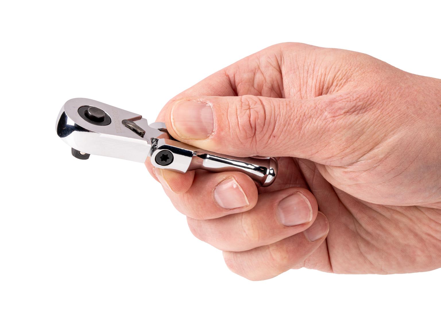 Person holding Tekton 3 inch ratchet. Item #SRH36003