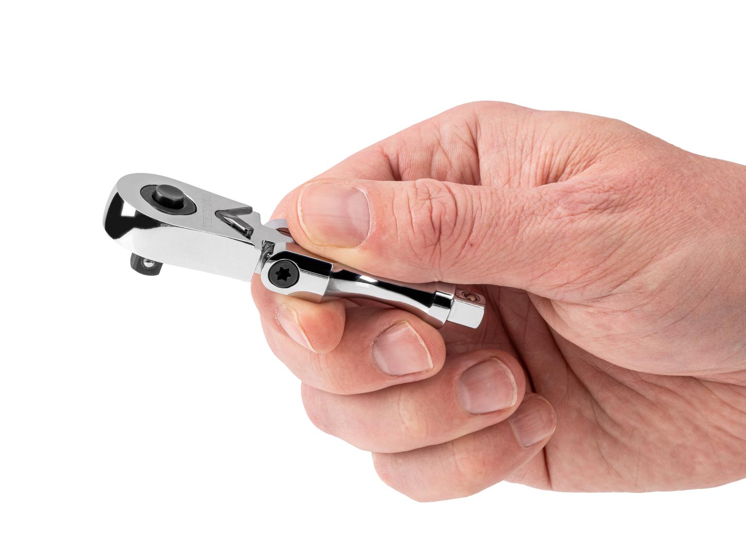 Person holding Tekton 3 inch ratchet. Item #SRH38003
