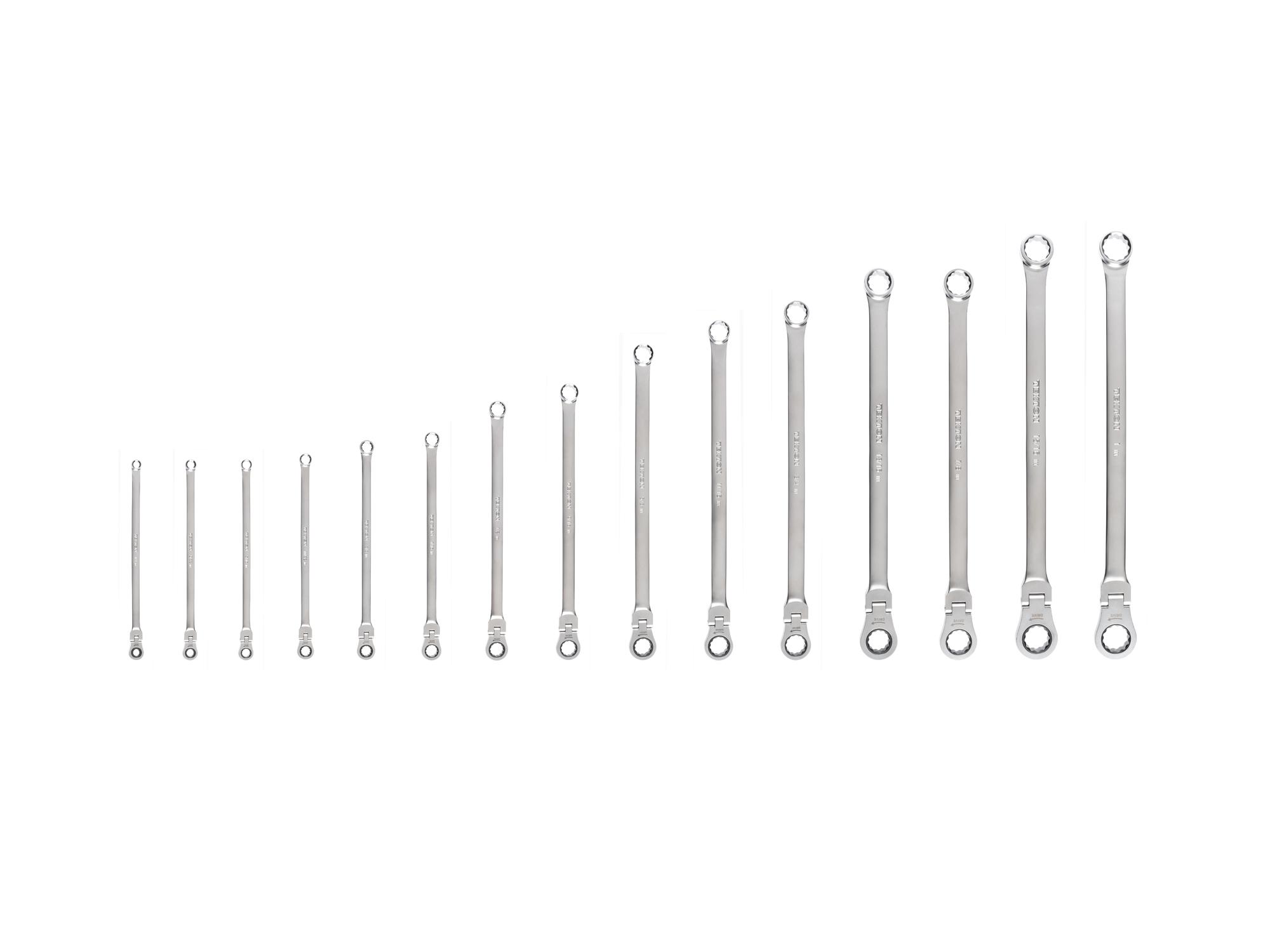 Long Fixed/Flex Head 12-Point Ratcheting Box End Wrench Set (15-Piece)