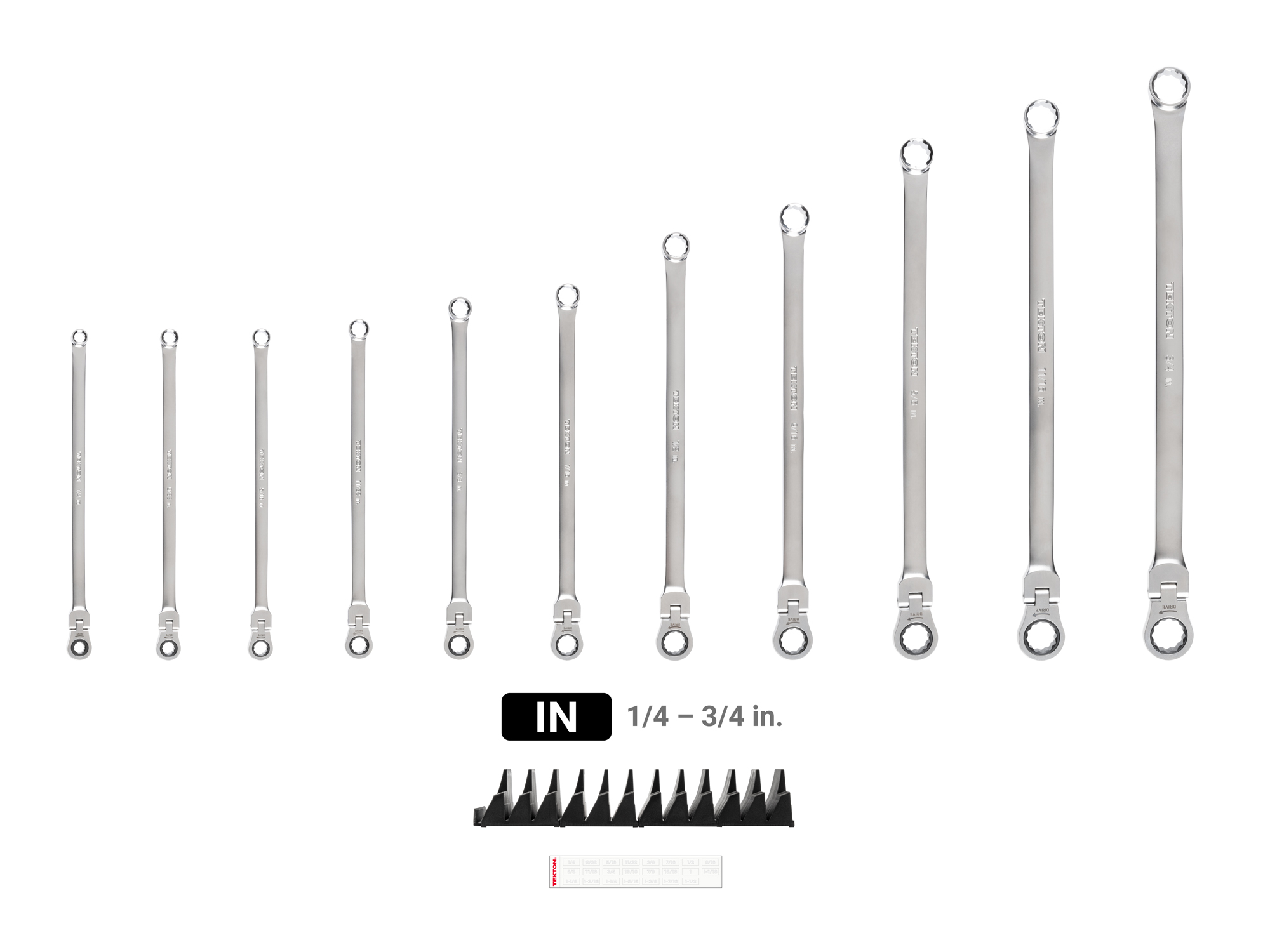 Laid out contents of  Tekton modular ratcheting box end wrench set. Item #WRB95301