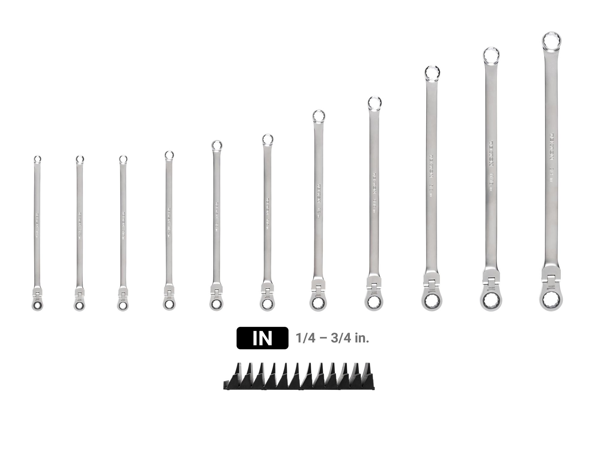 Laid out contents of Tekton modular ratcheting box end wrench set. Item #WRB95301
