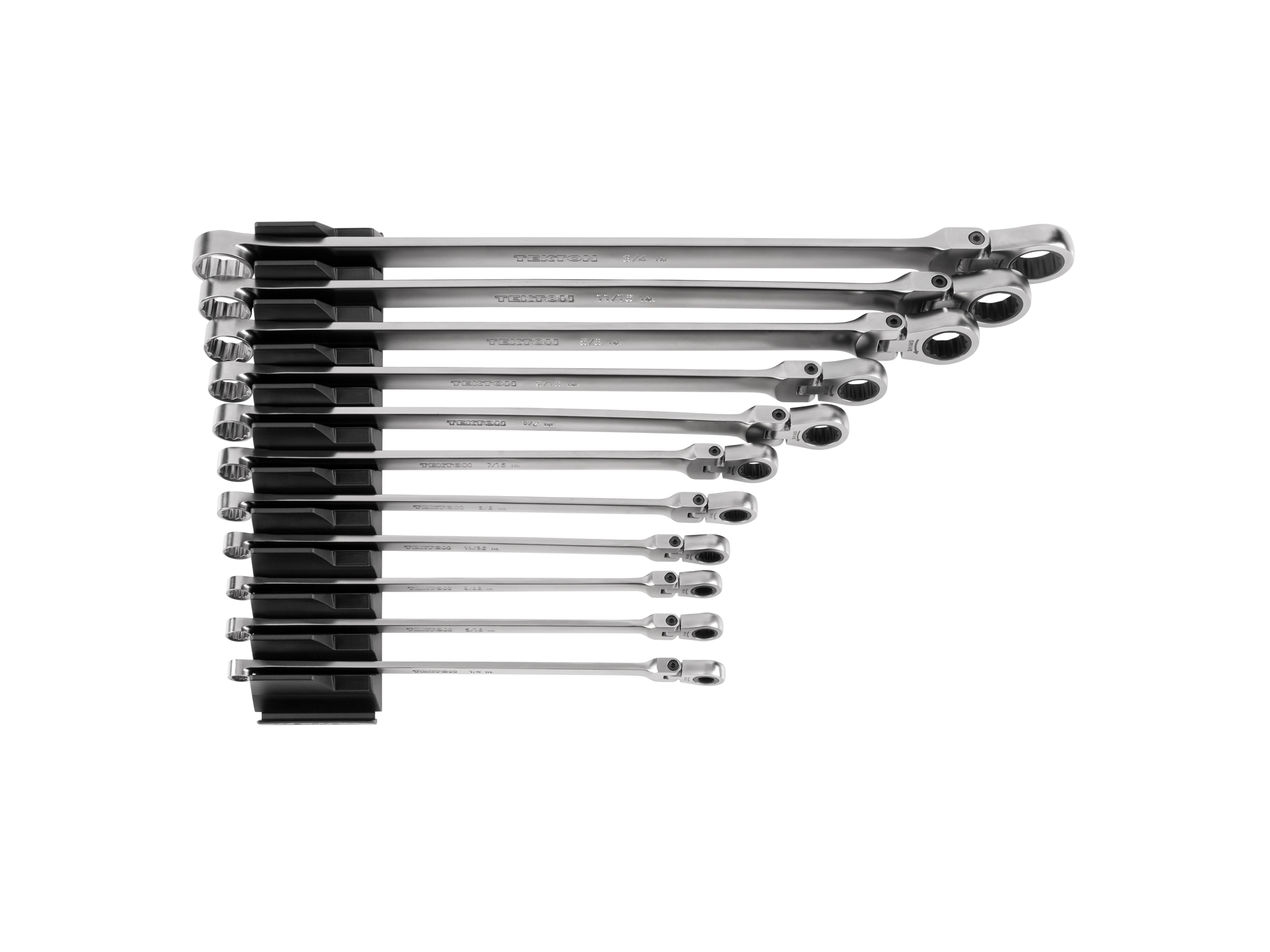 Long Fixed/Flex Head 12-Point Ratcheting Box End Wrench Set with Modular Organizers (11-Piece)