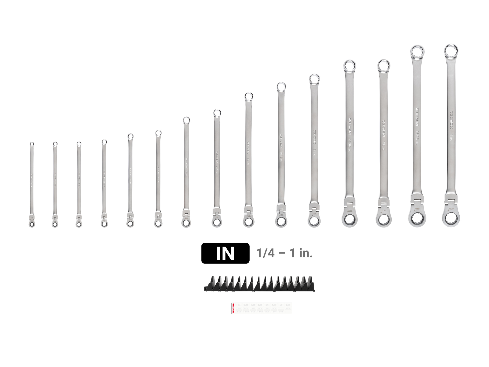 Laid out contents of  Tekton modular ratcheting box end wrench set. Item #WRB95302