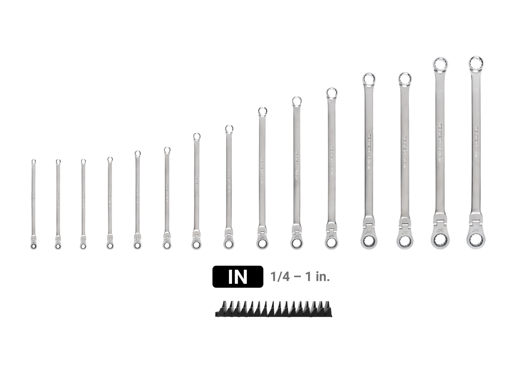 Laid out contents of Tekton modular ratcheting box end wrench set. Item #WRB95302