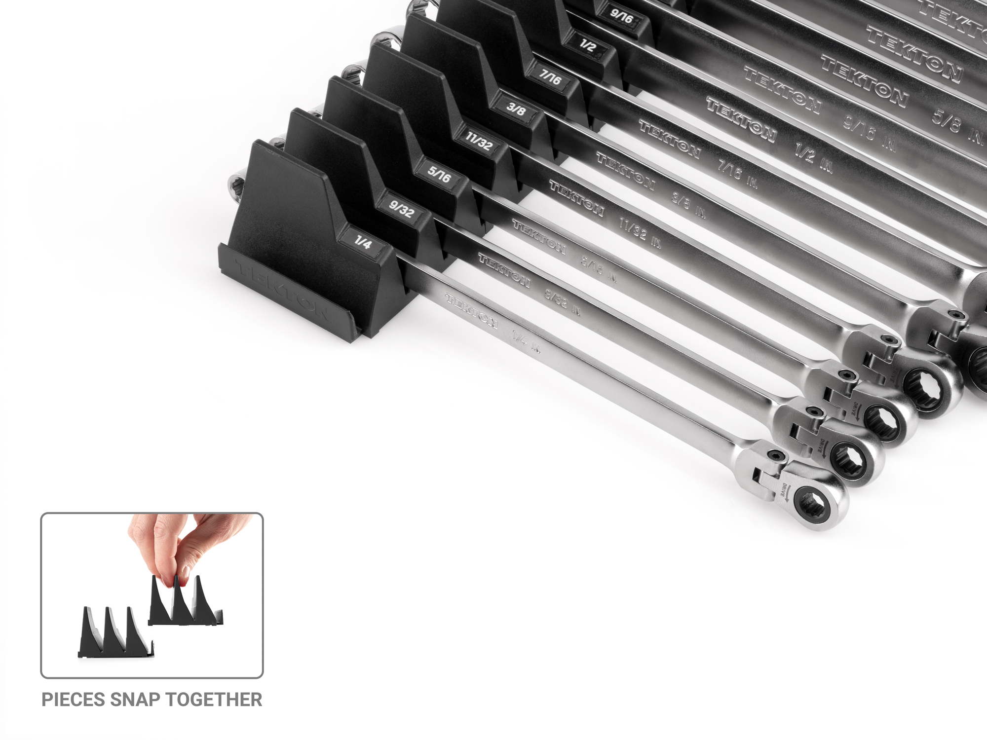 TEKTON Long Fixed/Flex Head 12-Point Ratcheting Box End Wrench Set with Modular Organizers, 15-Piece (1/4-1 in.)