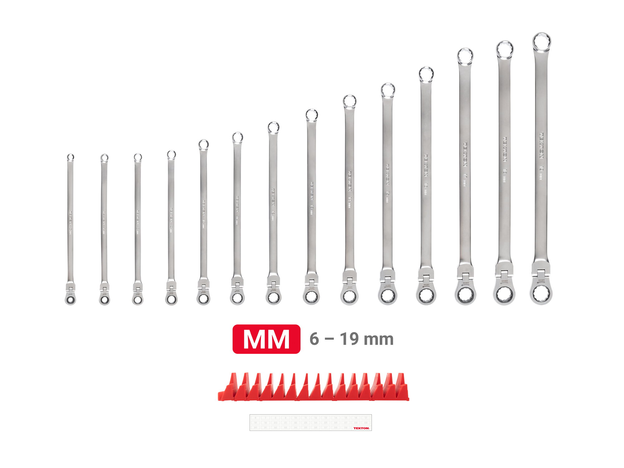 Laid out contents of  Tekton modular ratcheting box end wrench set. Item #WRB95303