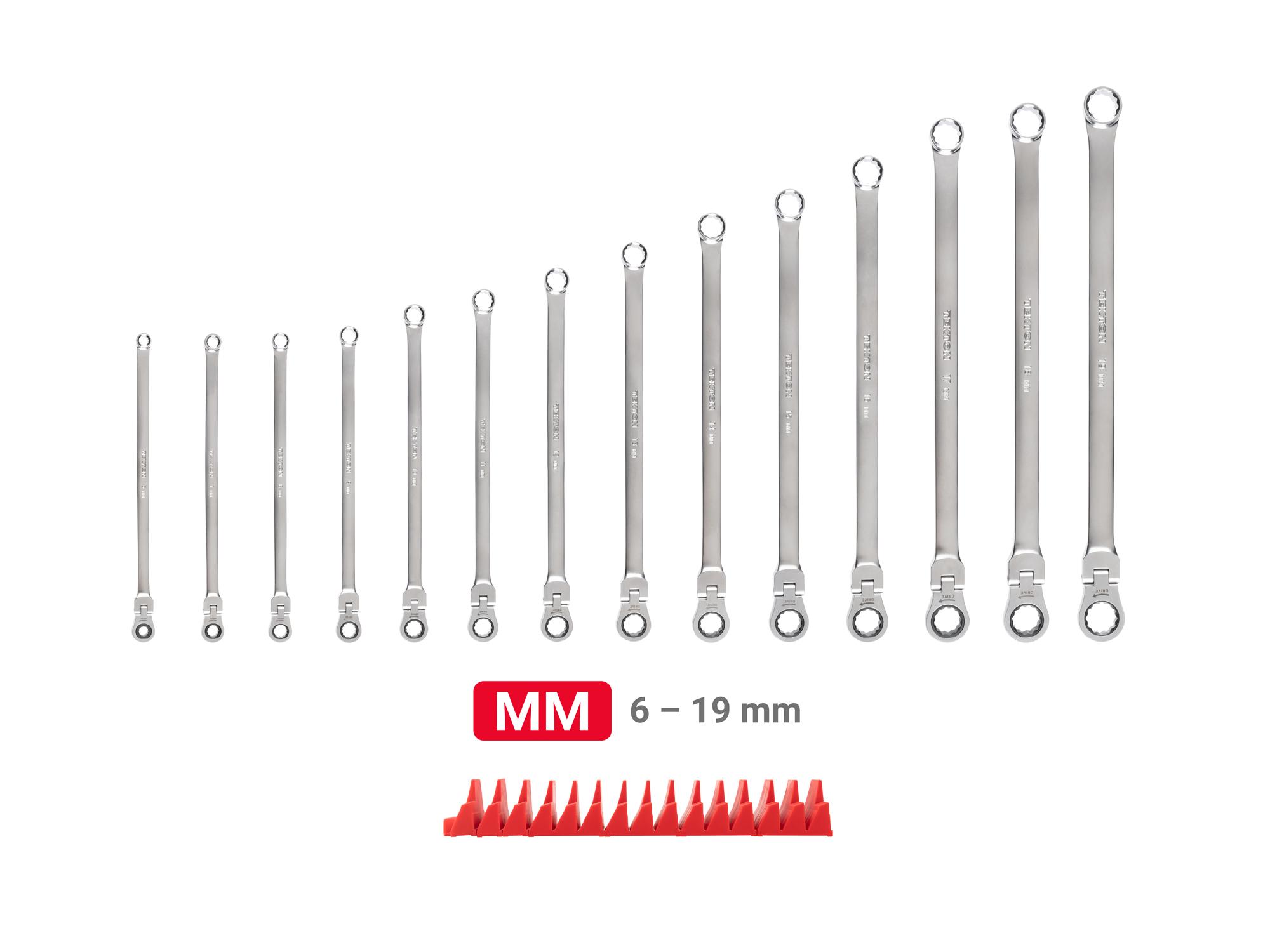 Laid out contents of Tekton modular ratcheting box end wrench set. Item #WRB95303