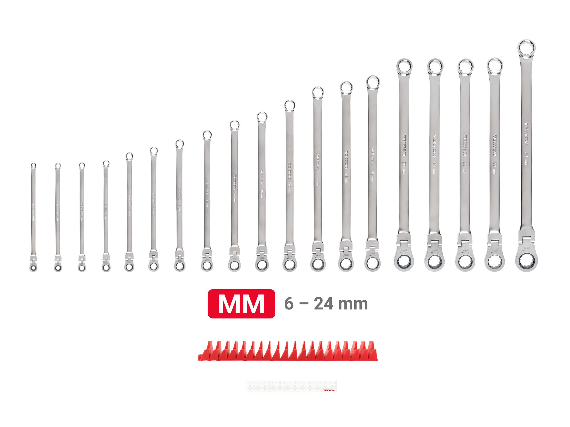Laid out contents of  Tekton modular ratcheting box end wrench set. Item #WRB95304